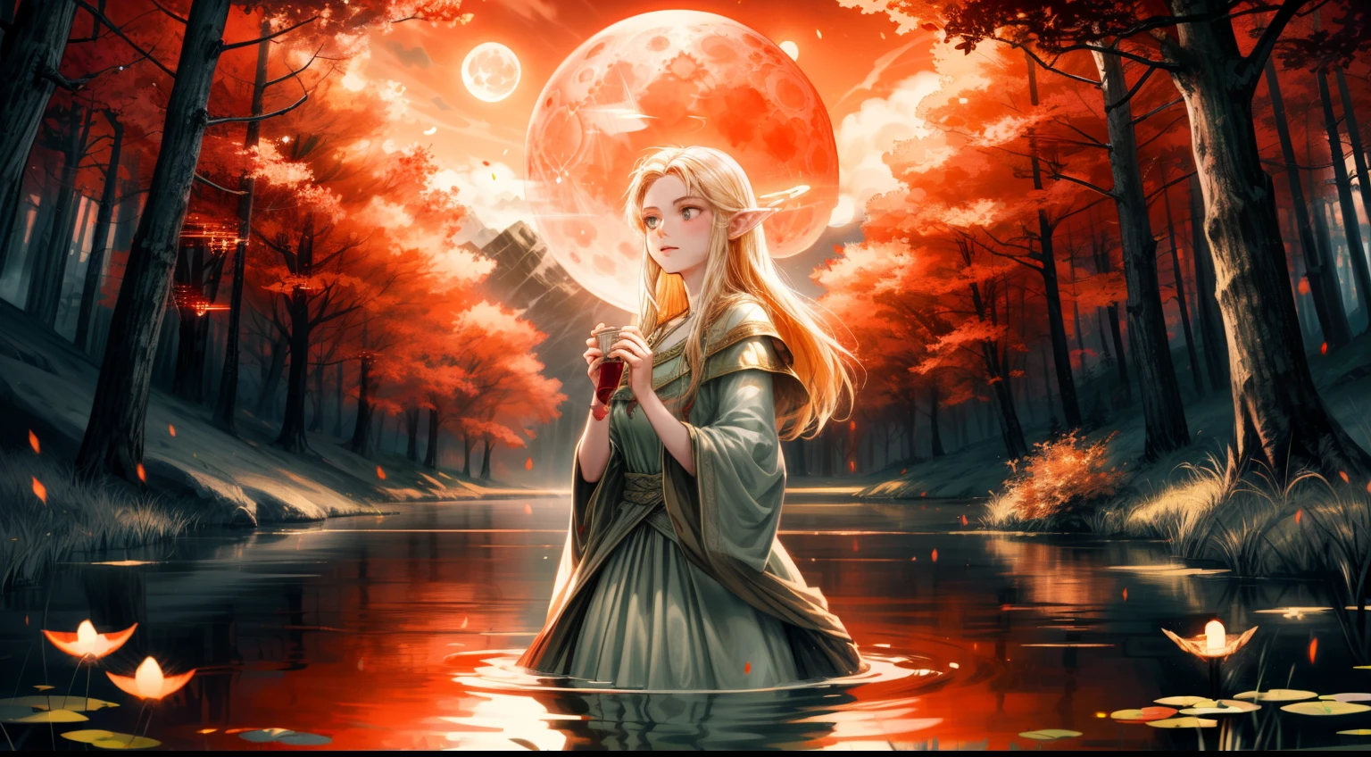 high detail, illustration, poster, movie poster, galadriel from lord of the rings in a white shiny semitransparent lace dress, half submerged in a pond, all kinds of insects surrounding her, she sings with her eyes closed, the forest of middle earth is around her, she lingers on the side, her presence emits an aura of a glowing halo, it is night and the sky is barely seen because of the tree tops hiding it, however a few lightbeams get through the leaves, it is the light of the moon, but it is a blood moon, so everything glows in red and orange and fireflies contribute to the lighting spectacle
