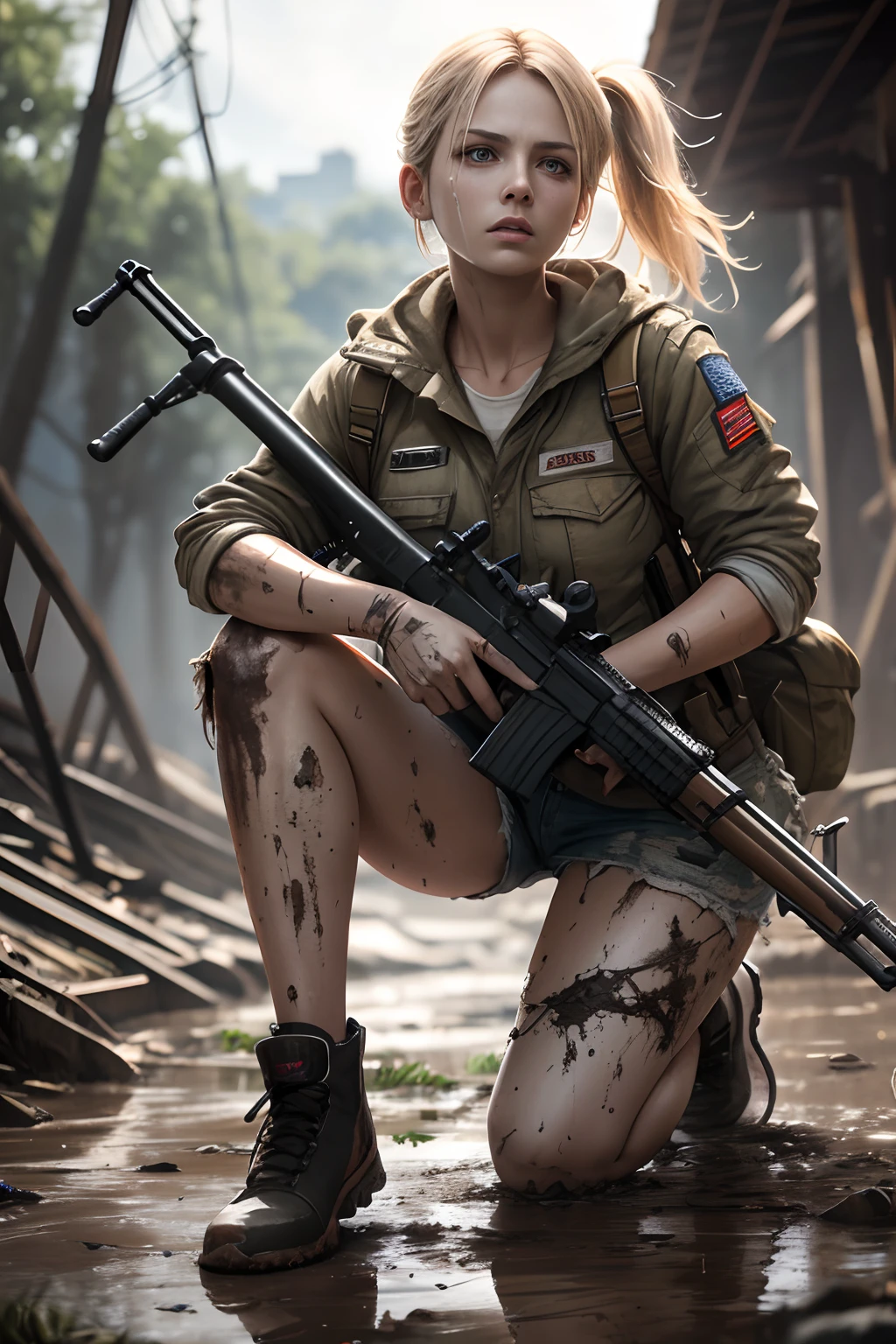 Realistic full body portrait, ruins, biohazard, video game heroine, stunningly beautiful white woman in her 20s holding a rifle, clear white skin, and mud, scratches everywhere, mud stained blonde hair and face, biohazard, torn and tattered clothes, white skin, thighs, smooth skin , frightened and desperate expressions, isometric details, amazingly realistic photos, 8K high quality medium dark lighting, high detail, detail eye, detail face