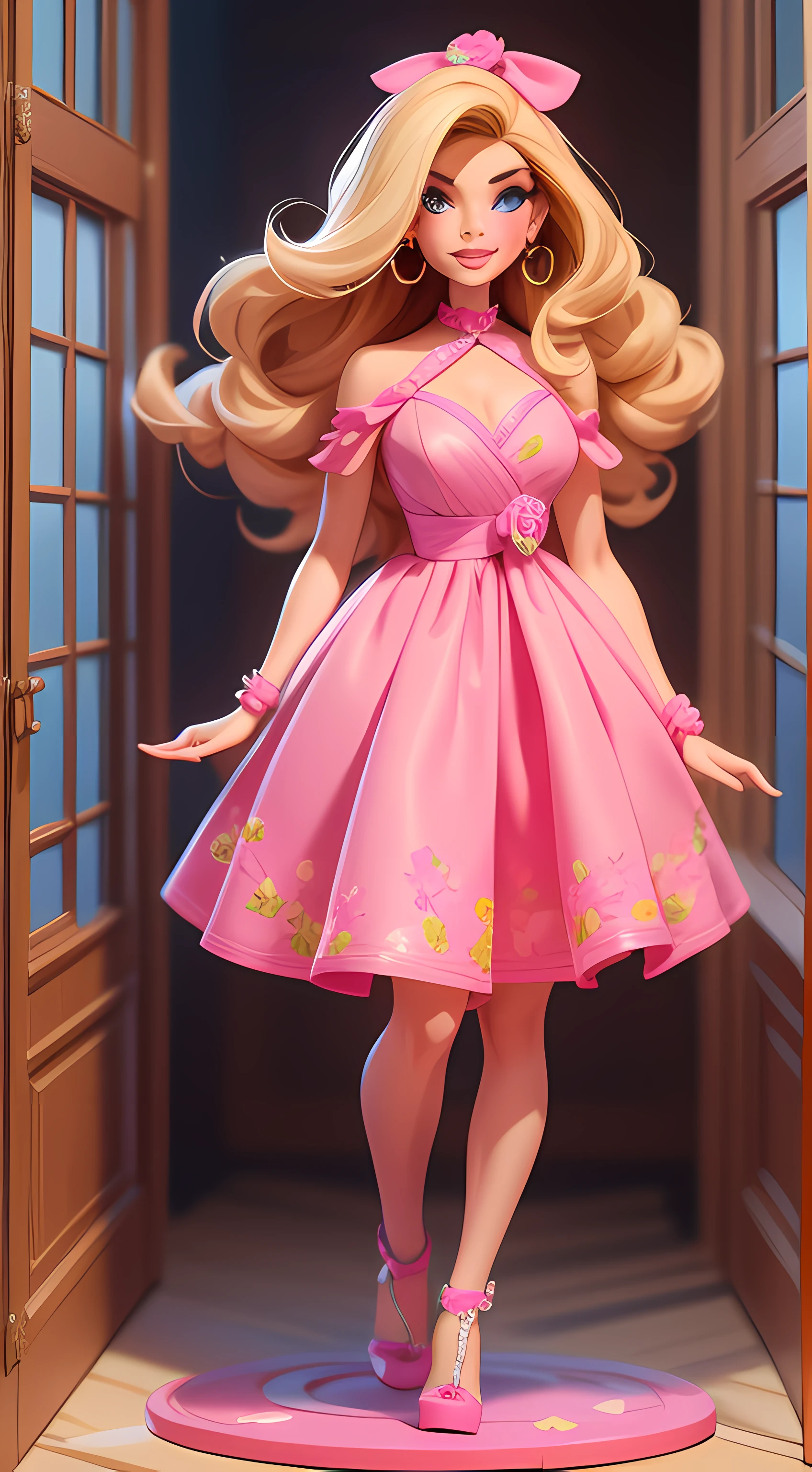 Menina loira fofa, Estilo barbie. vestido rosa, cenario de doces, cabelo comprido