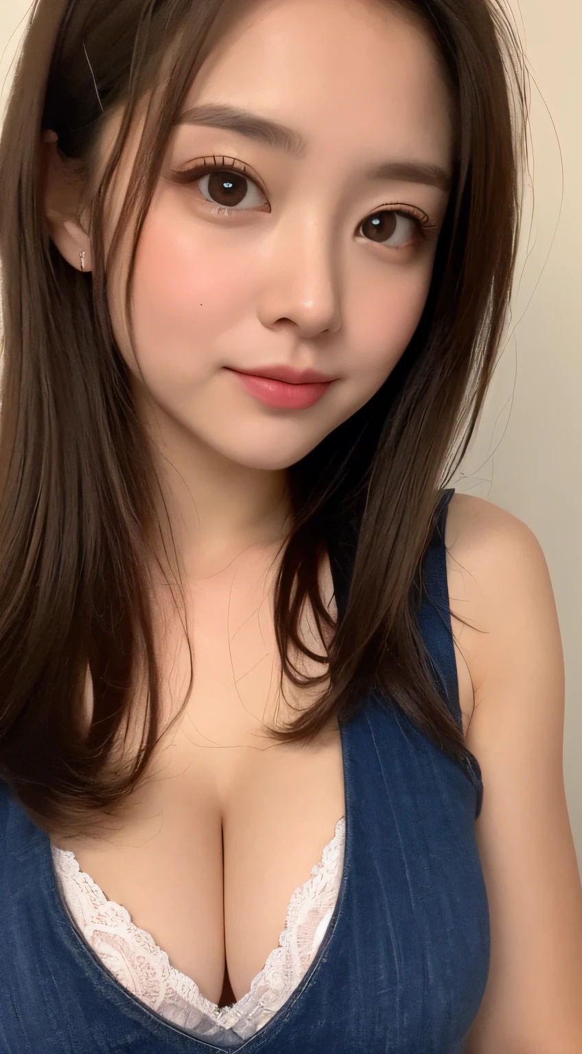 ((Best picture quality, 8K, tmasterpiece:1.3)), 1girll, Beautiful woman with slender abs:1.3, (Casual hairstyle, :1.2), Pink low-cut bra，Super large，The skin is very white，Ultra-fine face, A detailed eye, 二重まぶた，ssmile。Take pictures in cute poses，The figure is very bad，tiny small waist，Super big breasts，Close-up，Close-up chest，White-skinned，The background is casual，Close-up Shot Shot