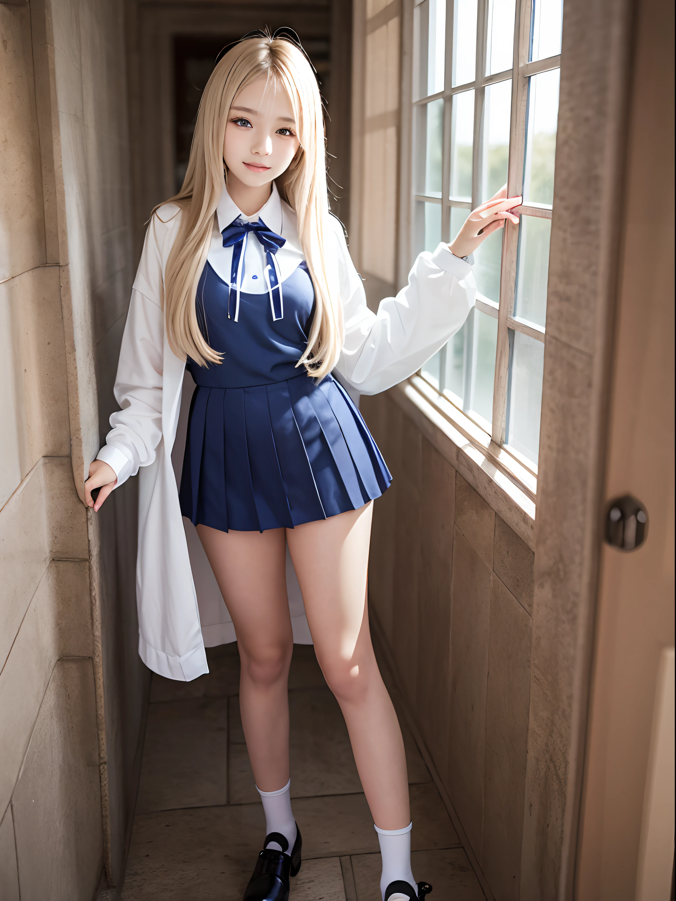 portlate、School Uniforms、bright expression、poneyTail、Young shiny shiny white shiny skin、Best Looks、Blonde reflected light、Platinum blonde hair with dazzling highlights、shiny light hair,、Super long silky straight hair、Beautiful bangs that shine、Glowing crystal clear attractive big blue eyes、Very beautiful nice cute girl、Lush bust、smil、full body seen、With slit、