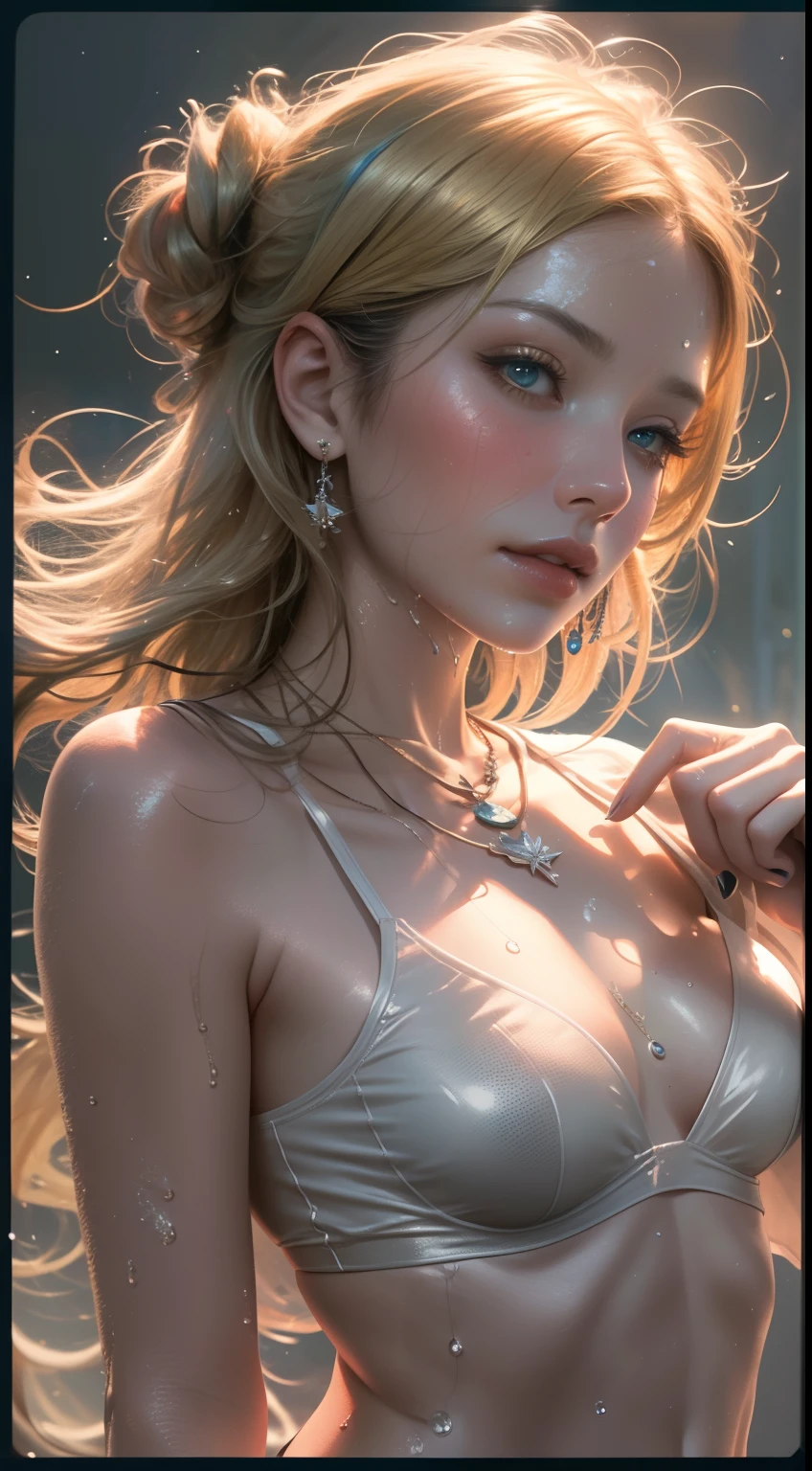 Best Quality, masutepiece, High resolution, Single Girl, Hair Ornament, Necklace, Jewelry, Beautiful face, Body, Tindall Effect, Photorealistic, Dark Studio, Rim lighting, Two-tone lighting, (high-detail skin: 1.2), 8K UHD, Digital SLR, Soft lighting, High quality, Volume Lighting, Candid, Photography, High resolution, 4K, 8K, Bokeh, medium breasts, Wet skin, Protruding , Open fingers, ( Hair color: Blonde: 1)