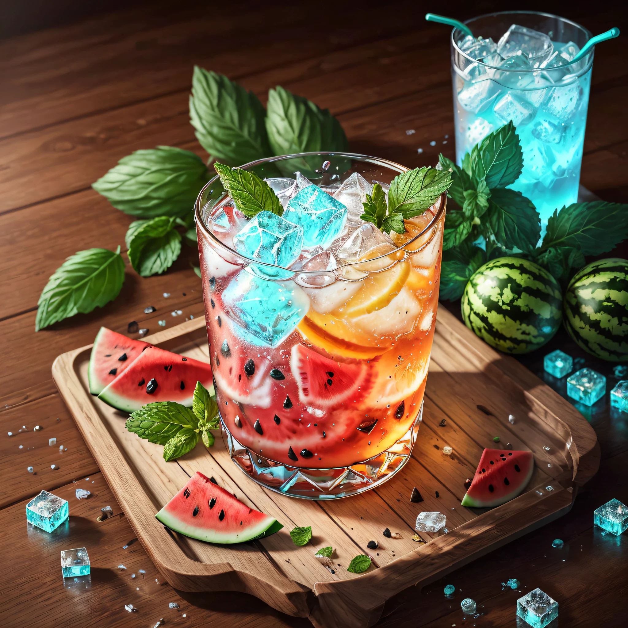 A glass of soda, frozen, frozen effect, on a wooden tray with pieces of watermelon, with mint leaves, cut small turquoise greens, with ice cubes, a few scattered ice cubes on a wooden board, super realistic Food pictures, full theme shown in photos,, Randy Post, hyper realistic &quot;, hyper realistic&quot;, high res photo --auto