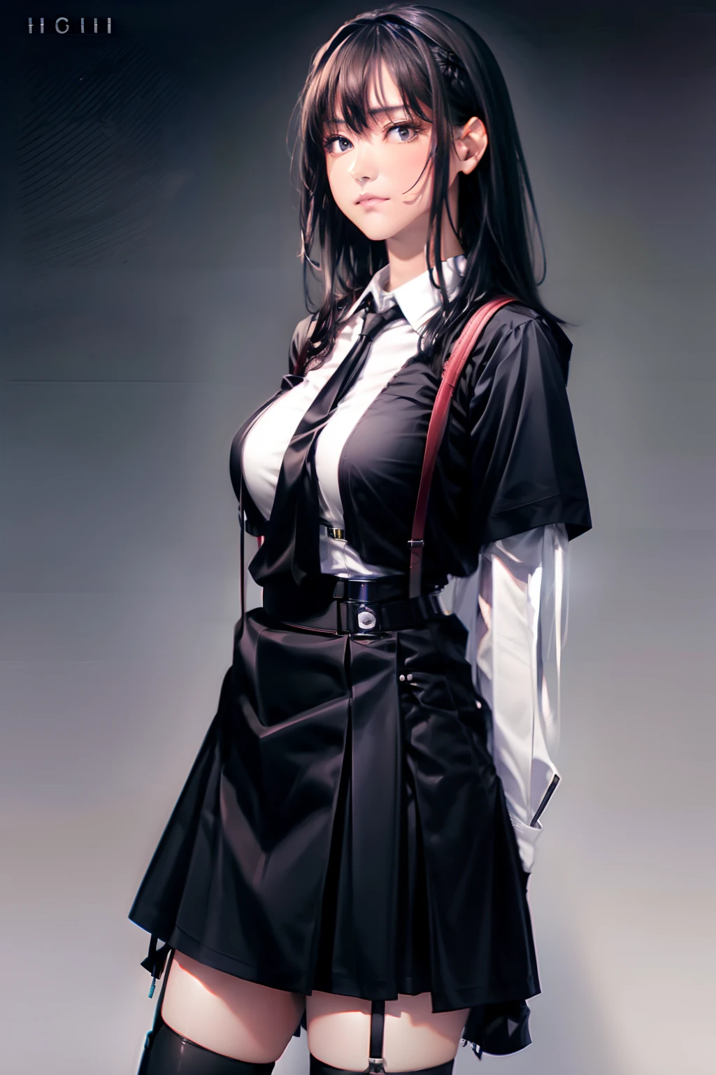 a black skirt, neck tie, Cutter shirt suspenders, Long Black Hair, Gray eyes, holster, Garter belt on the legs, , Big breasts, Pichi Pichi clothes, both sides deadpan Behind
