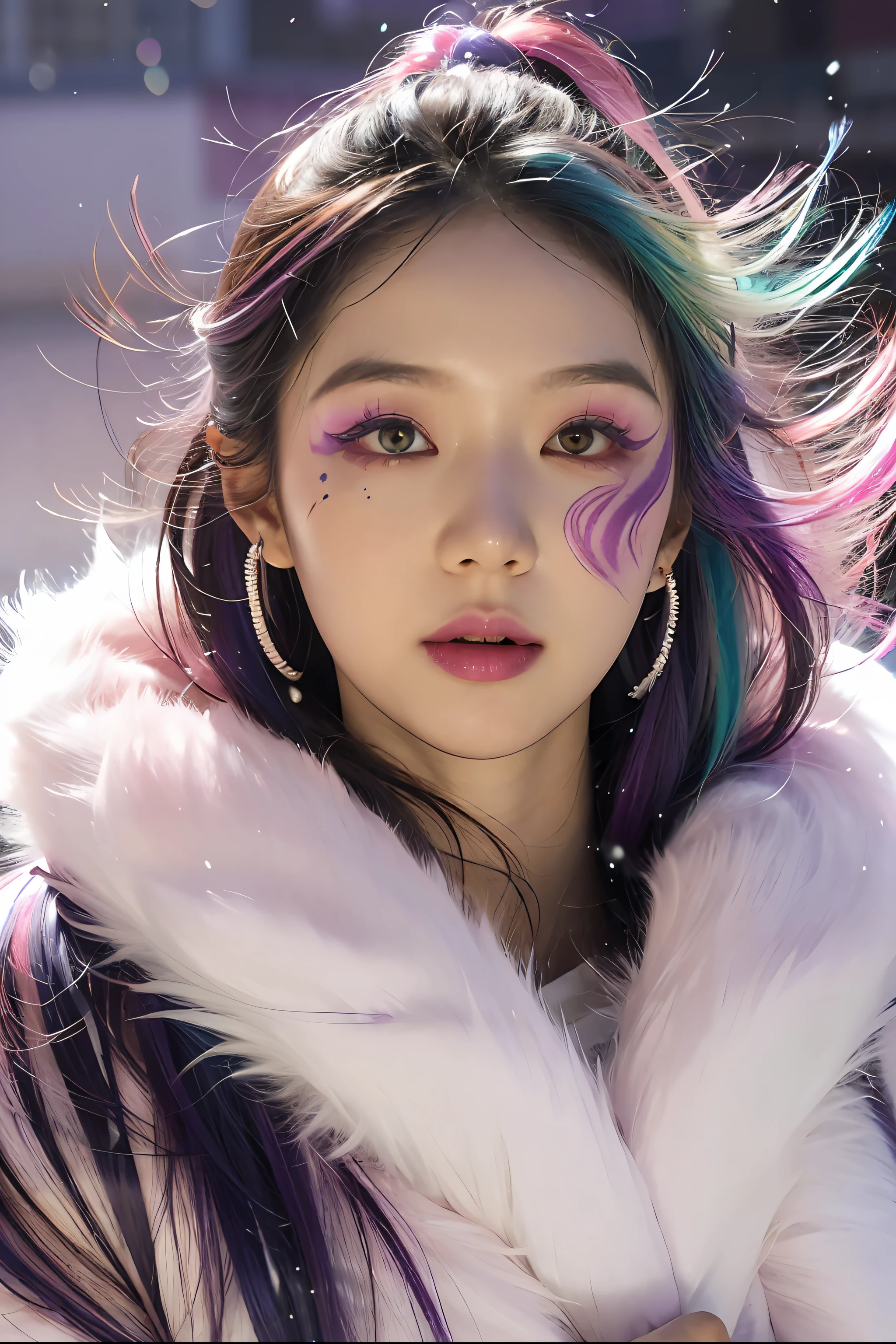 masterpiece, best quality, 1girl, rainbow and purple swirling vortexes colourful cloudy and smoke and colorful background, (snowing) (( swirling vortexes colourful hair)), wear white fur coat, ((long Hair)), ((front)), emotional face, close up, studio light, studio, (((makeup portrait, pink eye shadow))), ((with many purple rainbow swirling vortexes colourful snow and feather on face))