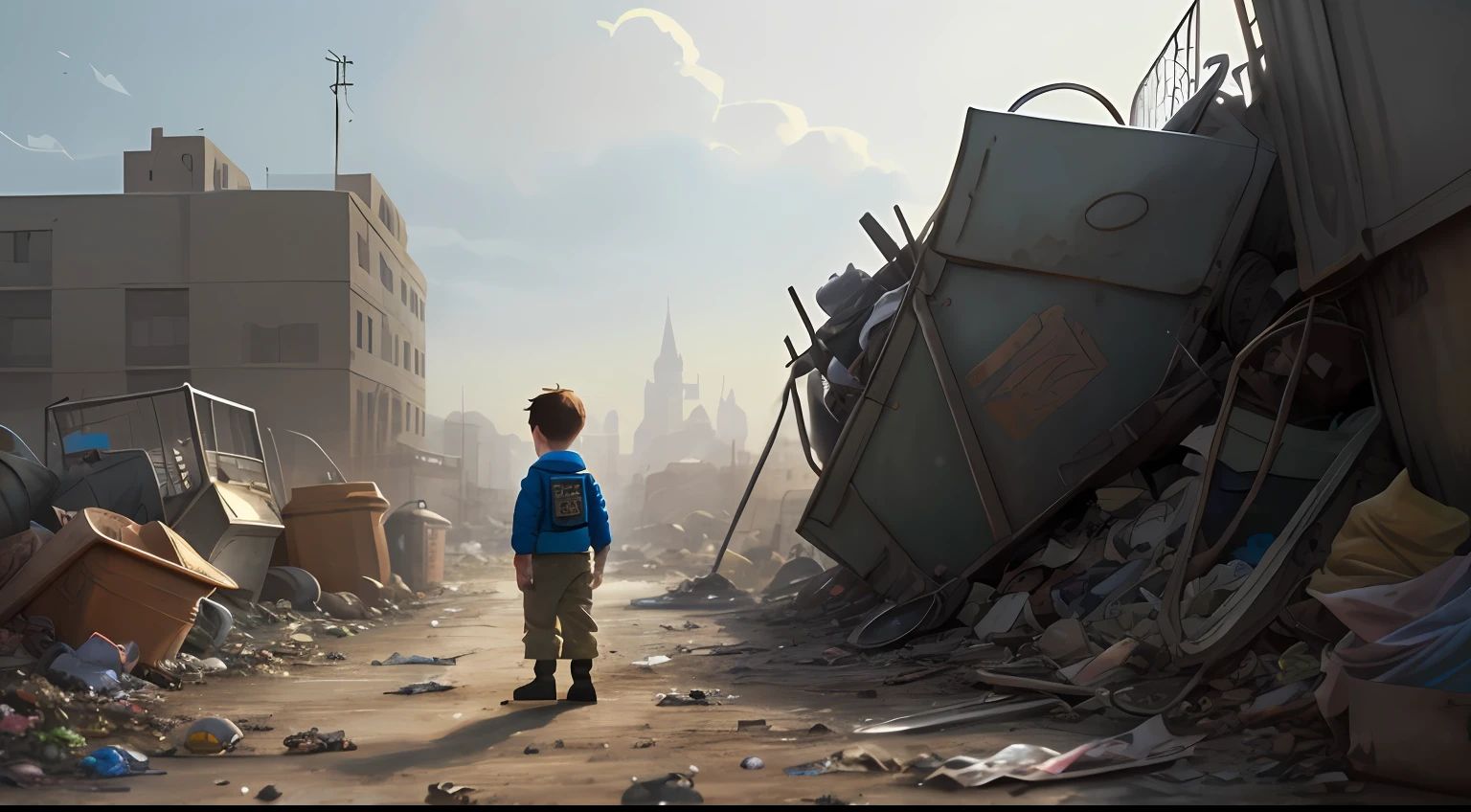 A little boy holding a medal stands on a garbage pile , The mood is sad , Disney Style, The focus is on standing on the garbage pile, Big scene, Original Art Style Concept, Wasteland pattern, 16k, The protagonist is a little boy