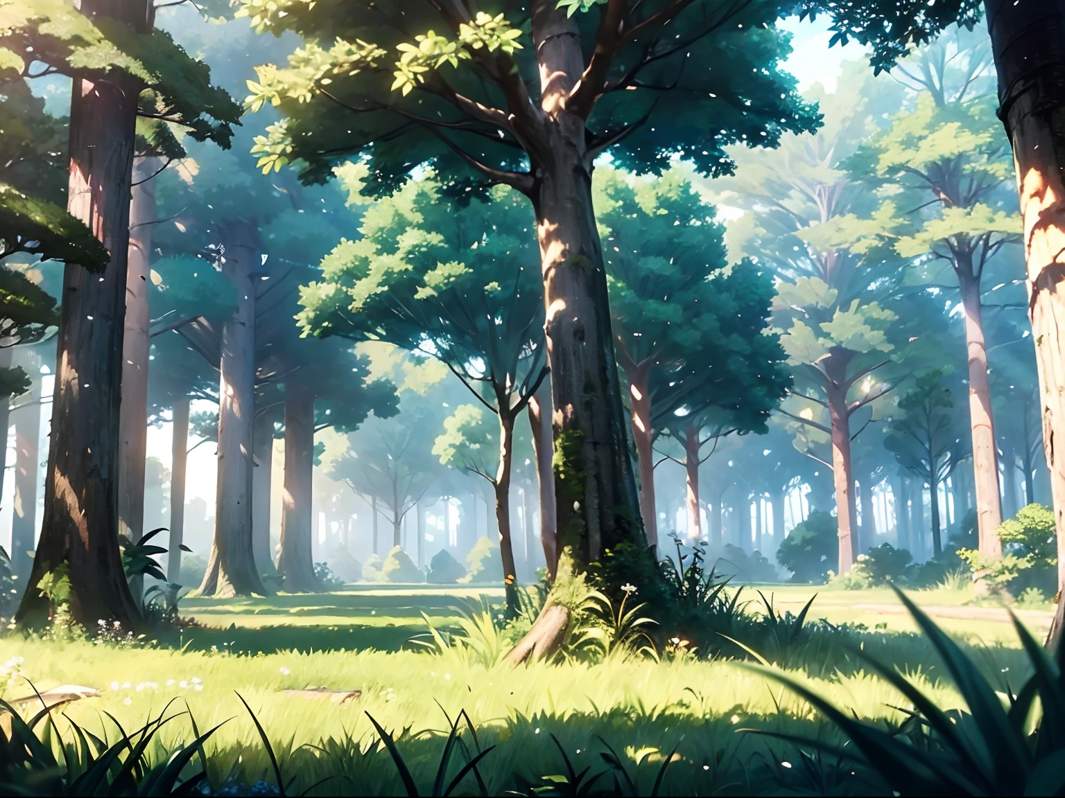 Gentle, Anime Background Art, Clean lines, Intricate details, Serene, empty, High quality, Ray Tracing Video Games, Overgrown, grassy fields, Neutral plants, pine trees, Vibrant, The tree々is densely packed, Leaves in the ground, Pretty, landscape wallpaper, Untouched nature, Dense green,