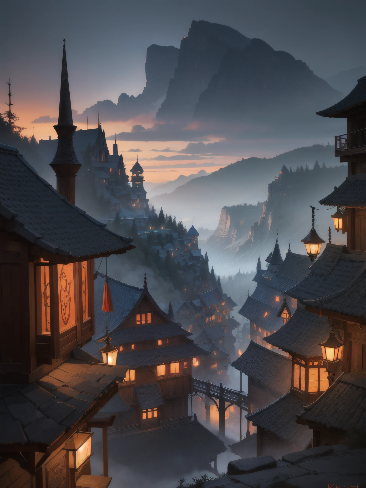 Night valley in the ancient village at sunset, Art style in fantasy style, dazzling urban landscape, loish, Dark gray and red, Kawasi, Exotic landscape, mountainous vistas