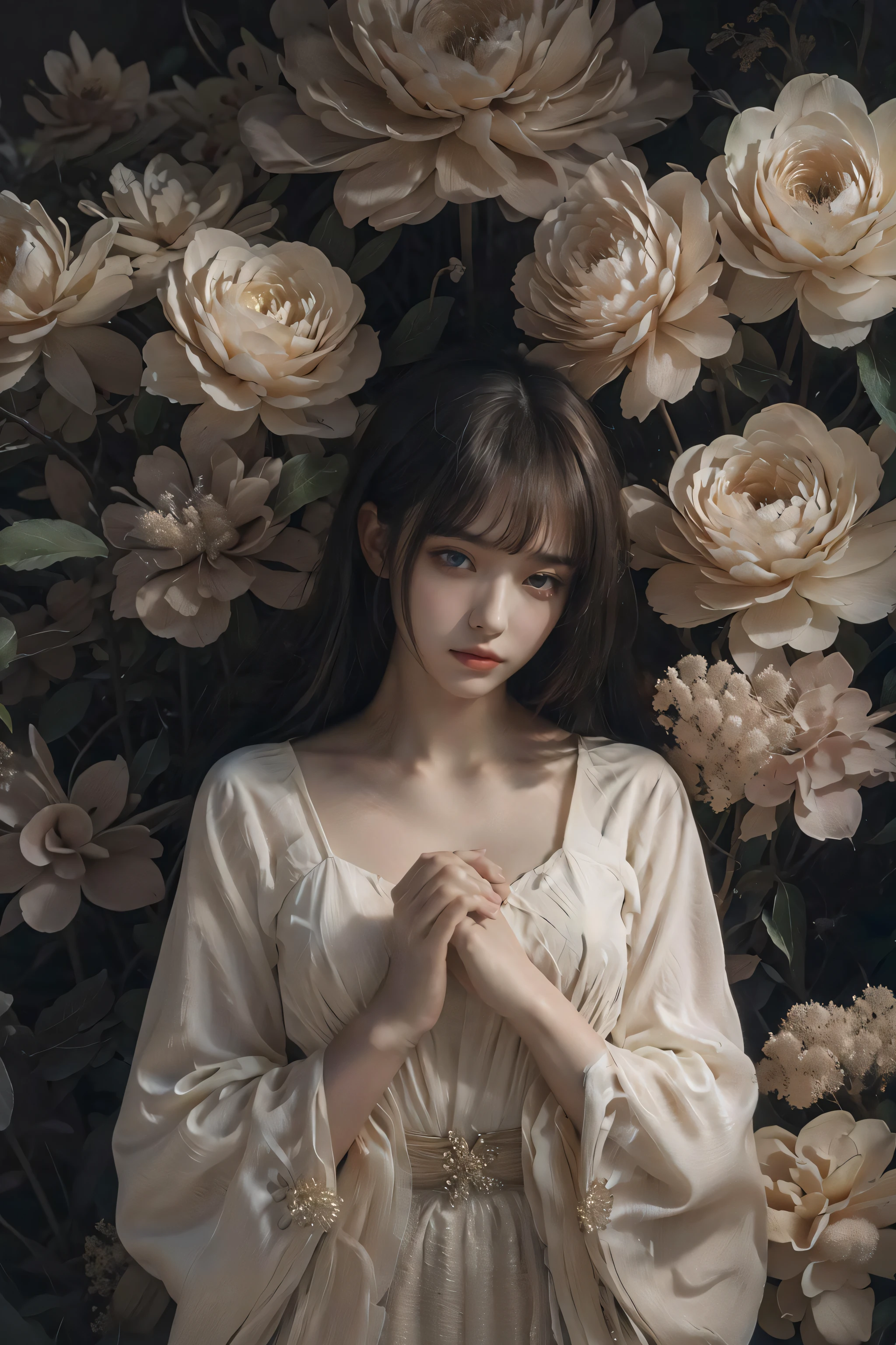 nostalgic and aesthetically ,1girl,black dress,melancholy,nostalgic,solitude,elegance and sophistication,Soft and warm lighting,vintage elements,blue flower, Ethereal and muted color palette with a focus on black and gold, detailed textures,evocative composition,JnTrp