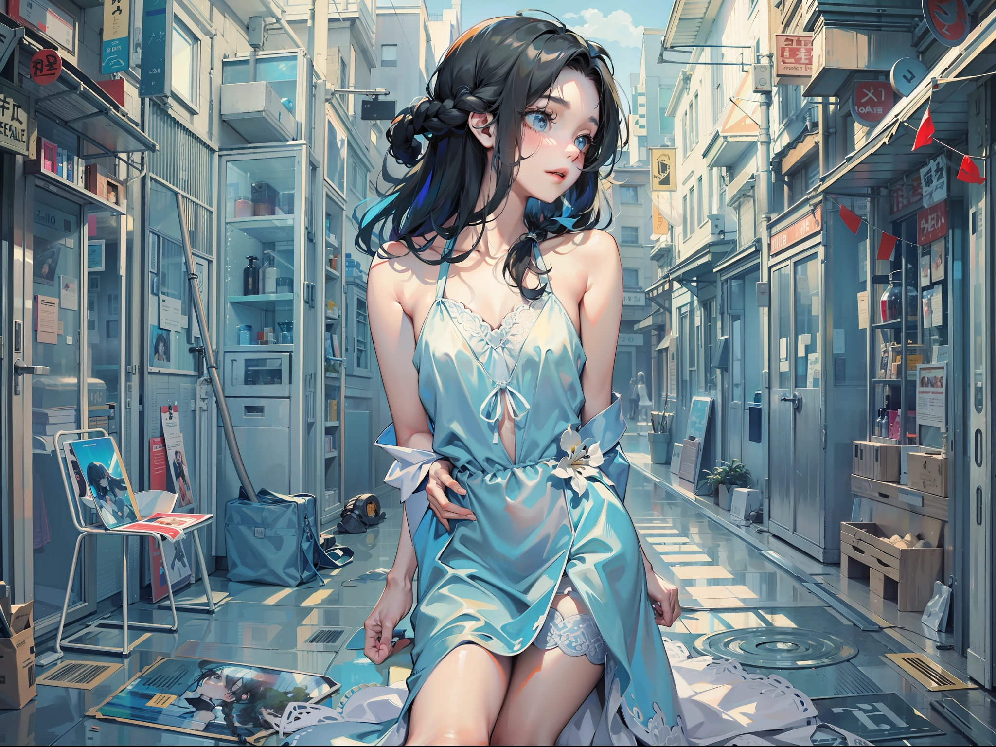 the girl with black hair，Thin stature，Tie-double twisted braids，Long hair，Small face，emaciated，Bare legged，Blue high heels，The face is gloomy，emaciated，Poor milk，The chest is extremely small，Tall，adolable，pastel blue dress，The legs are extremely slender，Four-square grid comics，Best quality at best，tmasterpiece