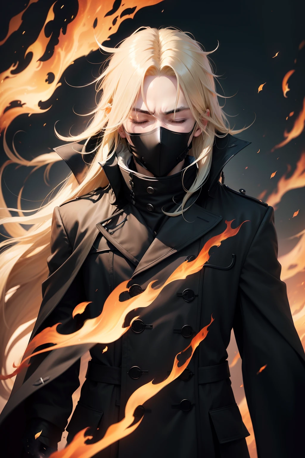 anime boy blonde long hair, black overcoat, closed eyes, black mask, fire scenary. (((Vertical close and eyes in focus)))