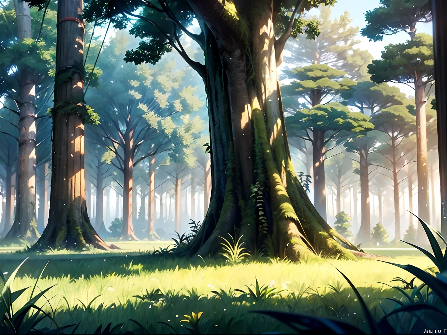 Gentle, Anime Background Art, Clean lines, Intricate details, Serene, empty, High quality, Ray Tracing Video Games, Overgrown, grassy fields, Neutral plants, pine trees, Vibrant, The tree々is densely packed, Leaves in the ground, Pretty, landscape wallpaper, Untouched nature, Dense green,