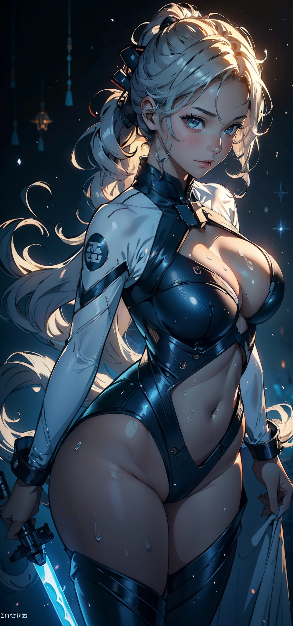 1female,25 age old,Large breasts,Pornographic exposure, 独奏,Wear a Star Wars Jedi uniform(Background with:coniferous forest,at winter season,Snow on the ground) with long white hair, 比基尼,standing on your feet,Sweat profusely,drenched all over the body, curlies, mostly cloudy sky,(((tmasterpiece),(Very detailed CG unity 8K wallpaper),best qualtiy,cinmatic lighting,detailed back ground,beatiful detailed eyes,Bright pupils,(Very fine and beautiful),(Beautiful and detailed eye description),ultra - detailed,tmasterpiece,)),face to the viewer,A high resolution,ultra - detailed)scifi style,revealing breasts,Bare genitalia, Bulge,Camel toes,Raised sexy,Flushed complexion,Open-mouthed,Front upper body,