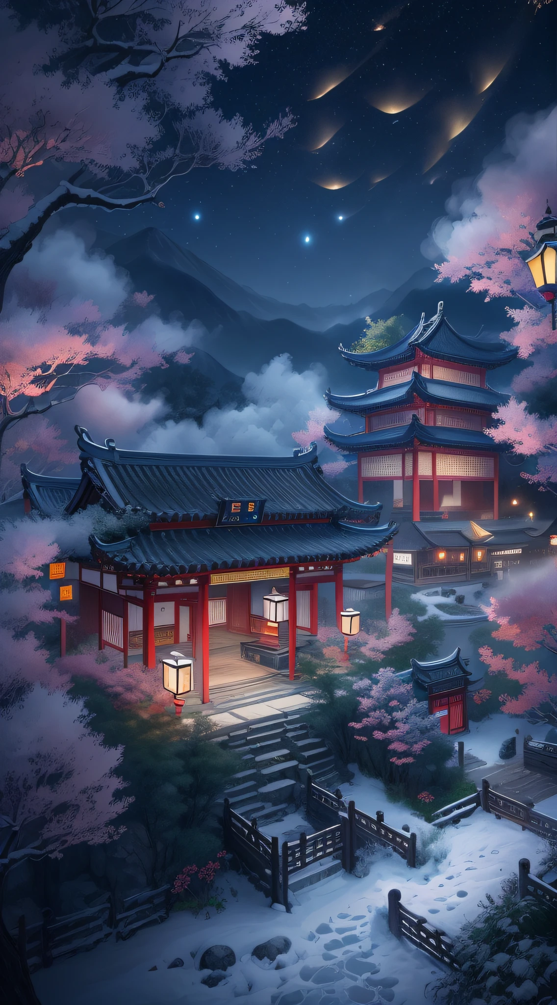 In a surreal CG rendering of ancient China，Jiangnan ancient buildings and ancient towns have Yaolin Wonderland。the night，The stars are bright，The smoke is fascinating，Maple and milk leaves are trees。snow landscape。k hd