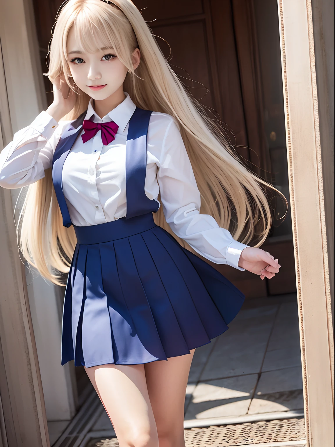 portlate、School Uniforms、bright expression、poneyTail、Young shiny shiny white shiny skin、Best Looks、Blonde reflected light、Platinum blonde hair with dazzling highlights、shiny light hair,、Super long silky straight hair、Beautiful bangs that shine、Glowing crystal clear attractive big blue eyes、Very beautiful nice cute girl、Lush bust、smil、full body seen、With slit、