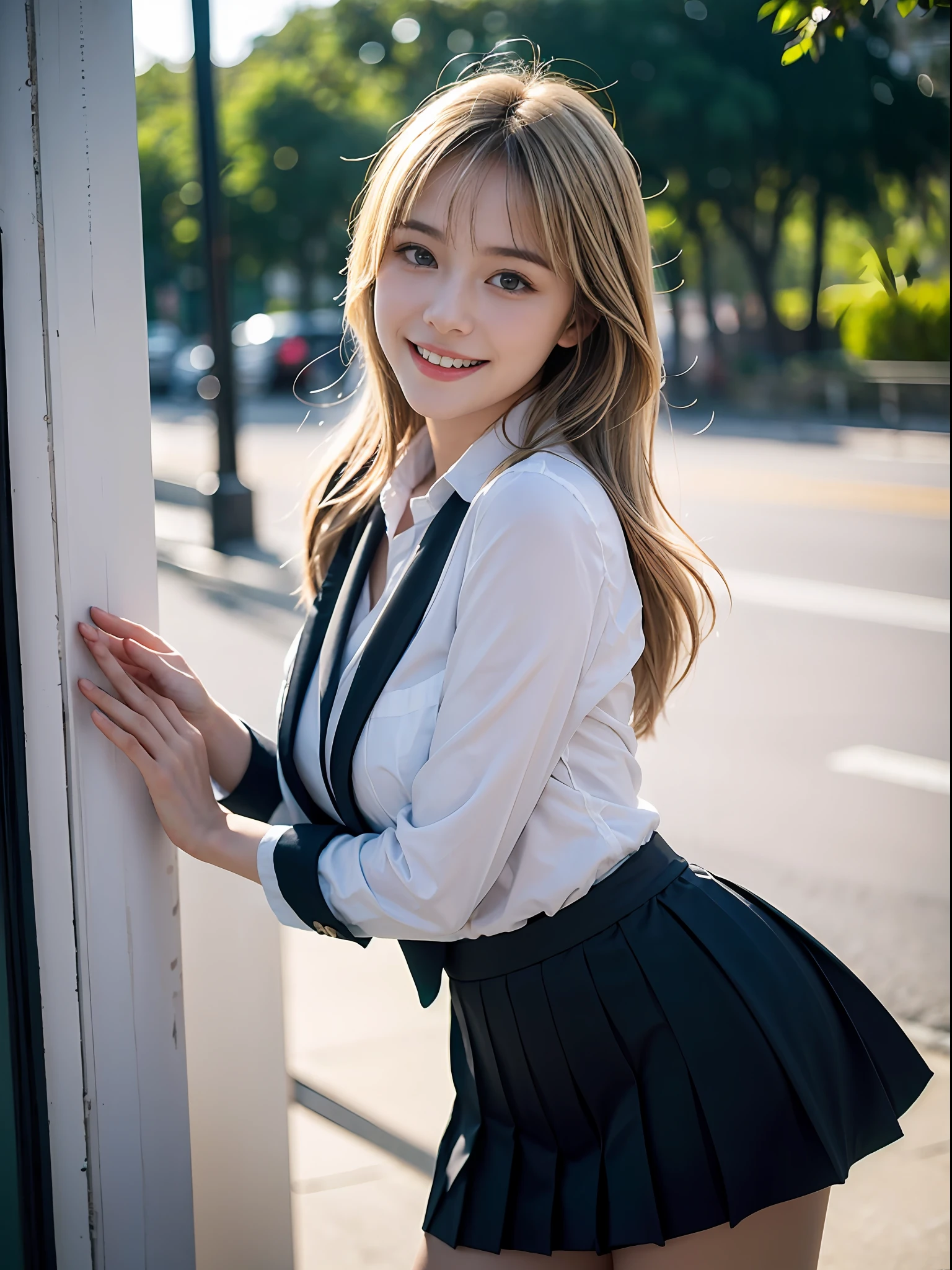 (Best Quality, Photorealistic, masutepiece:1.2),Raw photo, professional photograpy, portlate、JP High School Uniform, a miniskirt、bright expression、poneyTail、Young shiny shiny white shiny skin、Best Looks、Blonde reflected light、Platinum blonde hair with dazzling highlights、shiny light hair,、Super long silky straight hair、Beautiful bangs that shine、Glowing crystal clear attractive big blue eyes、Very beautiful nice cute 18 year old girl happy smile,