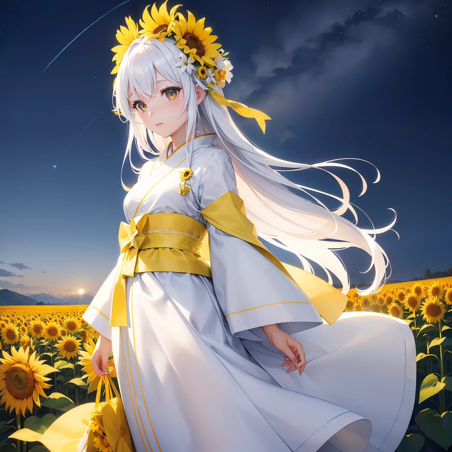 (Beautifully Aesthetic:1.2)、(1girl in:1.3)、(Colorful hair of white and yellow color:1.2)、Yellow and white kimono、Sunflower、Standing in a snow-covered sunflower field、Under the cold sky、starrysky、yuki、Winters、Fantastical、natta、