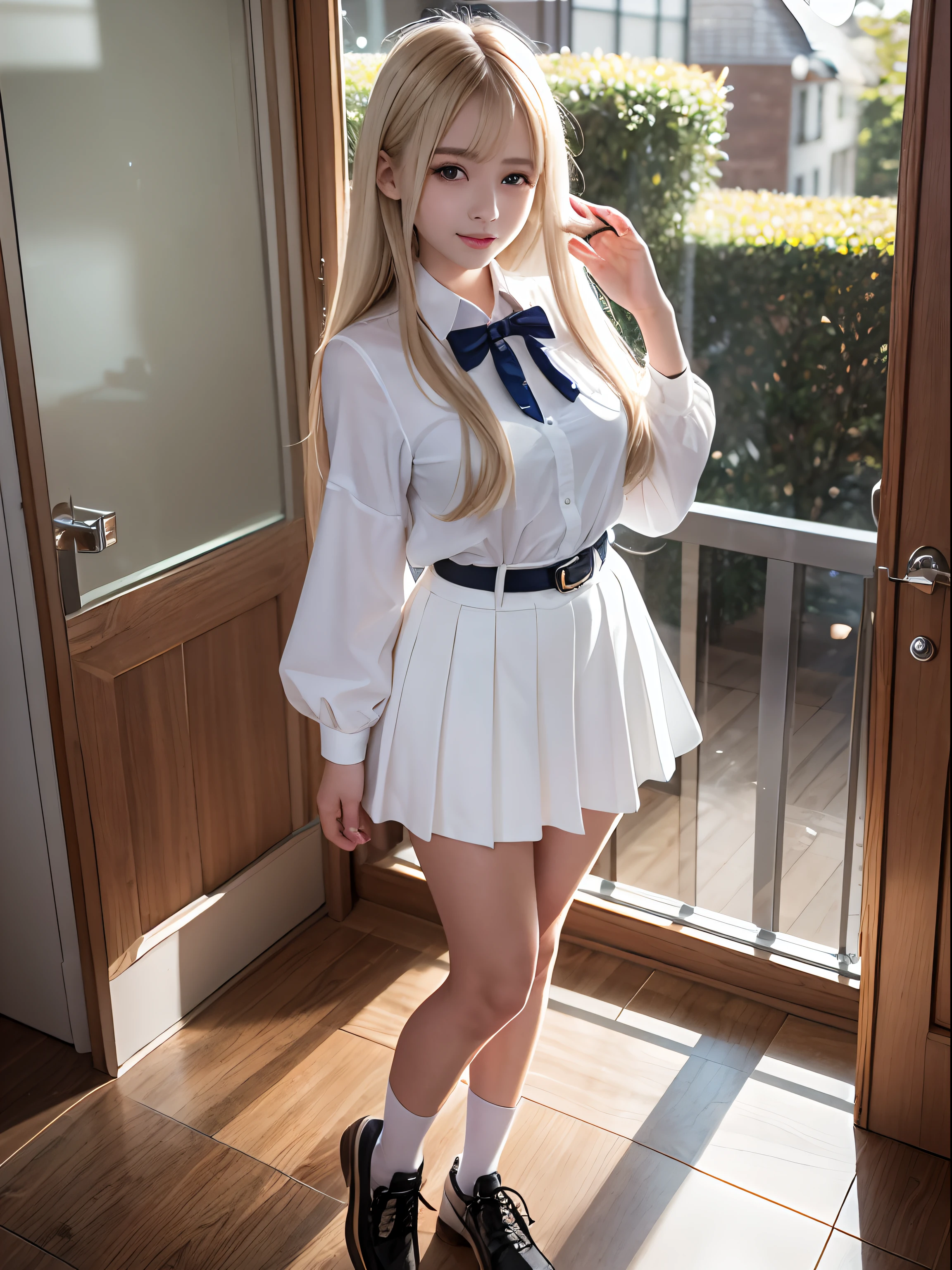 Standing in a large, empty room、Cute blonde hair、Young girl with twin tails、Japanese、Makeup and a pretty face like an idol、Smiling、Cute outfitini skirt、Full body portrait