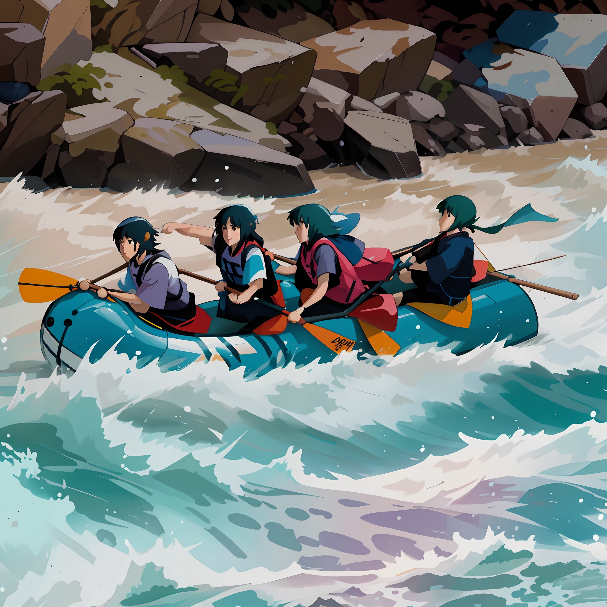 Studio Ghibli's anime-style illustration, Hay cuatro personas montadas en una balsa en el agua, Whitewater rapids, stylized digital illustration, rostros bien detallados, expresion de aventura, personas con cascos puestos, cascos de seguridad, brazos proporcionados, cuerpo simetrico, in digital illustration style, River rapids, catarata, Pintura digital detallada, Pintura digital muy detallada, detalle en los rostros, detallar la expresion del rostro