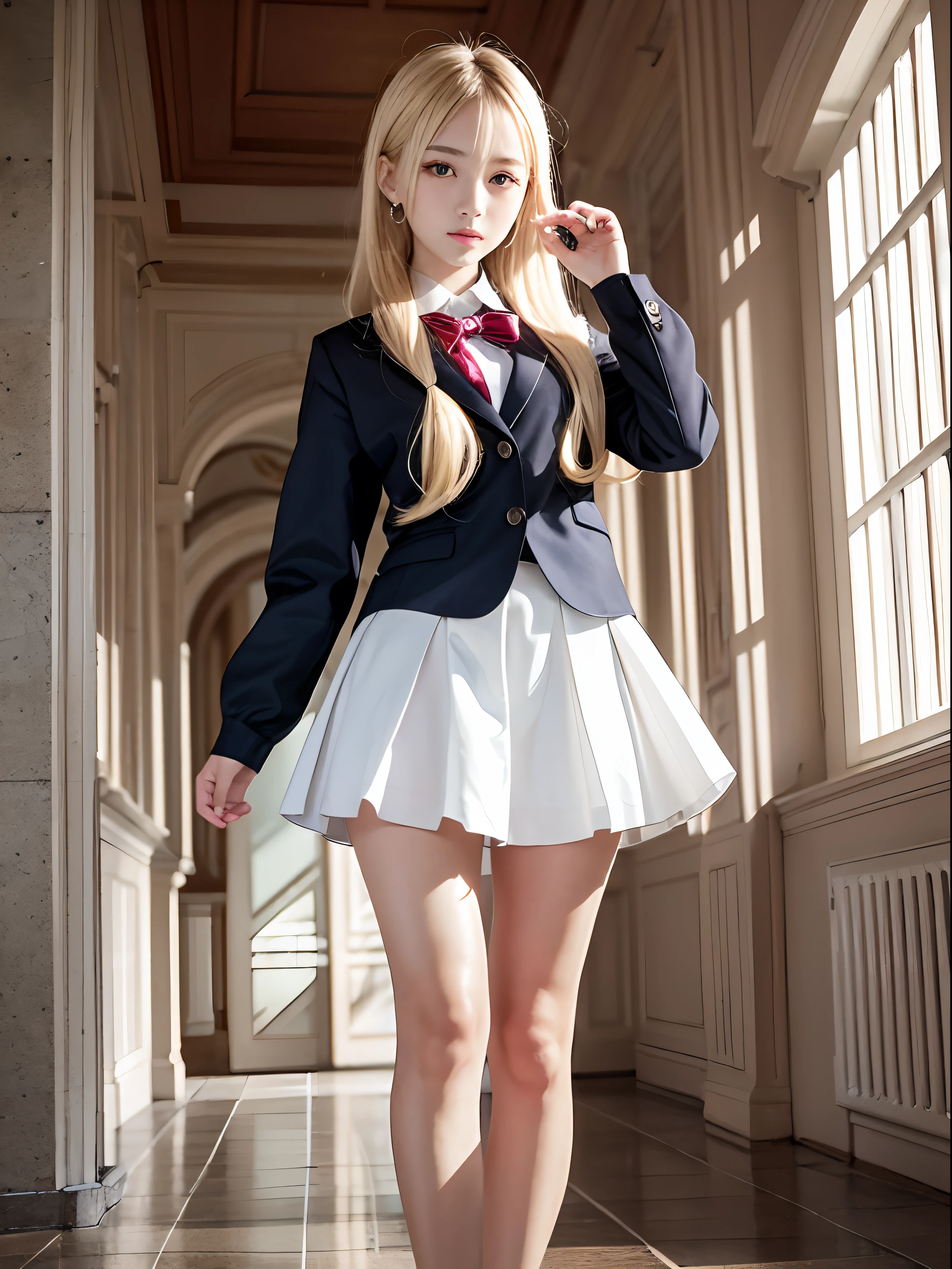 portlate、School Uniforms、bright expression、poneyTail、Young shiny shiny white shiny skin、Best Looks、Blonde reflected light、Platinum blonde hair with dazzling highlights、shiny light hair,、Super long silky straight hair、Beautiful bangs that shine、Glowing crystal clear attractive big blue eyes、Very beautiful nice cute girl、Lush bust、smil、full body seen、With slit、