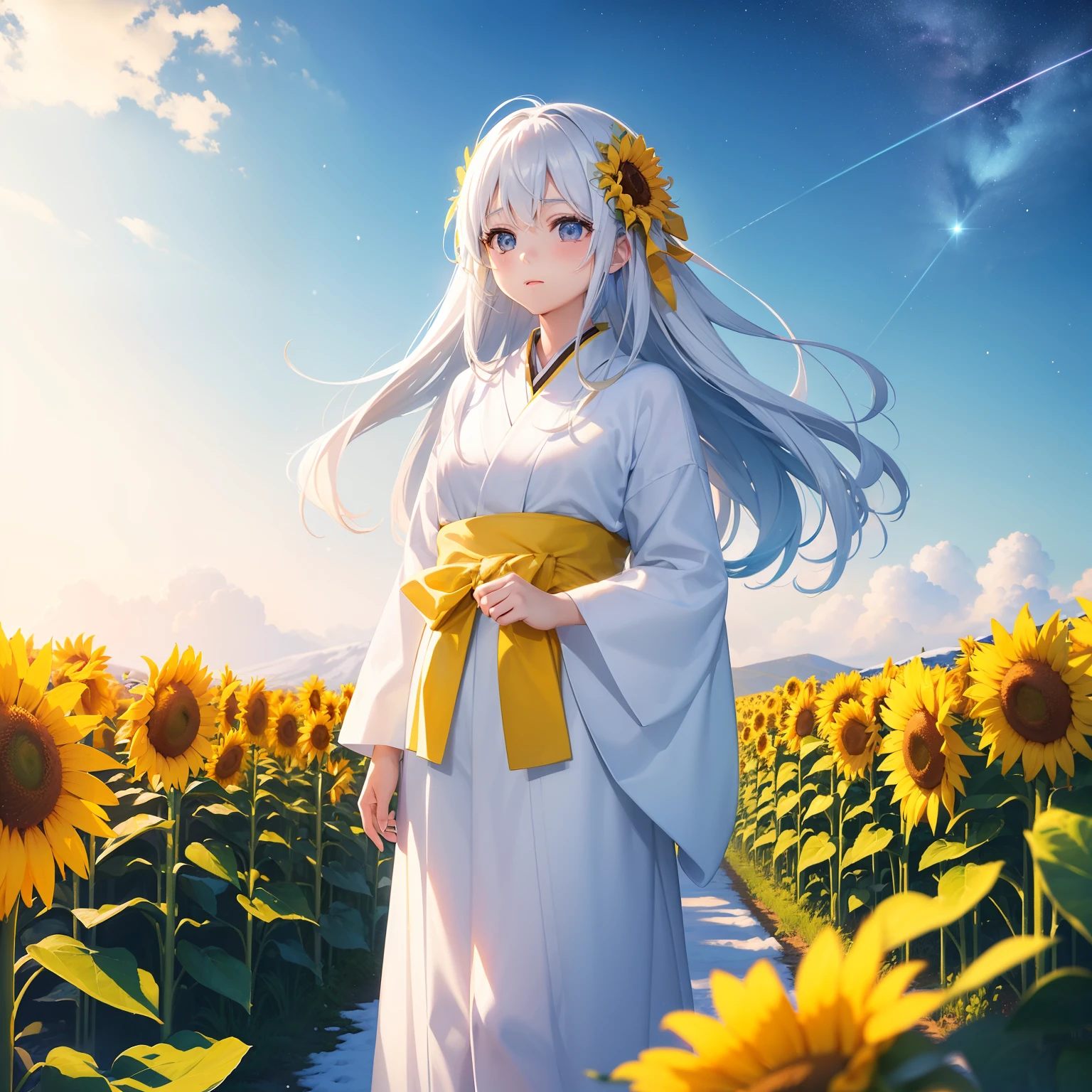 (Beautifully Aesthetic:1.2)、(1girl in:1.3)、(Colorful hair of white and yellow color:1.2)、Yellow and white kimono、Sunflower、Standing in a snow-covered sunflower field、Under the cold sky、starrysky、yuki、Winters、Fantastical、natta、