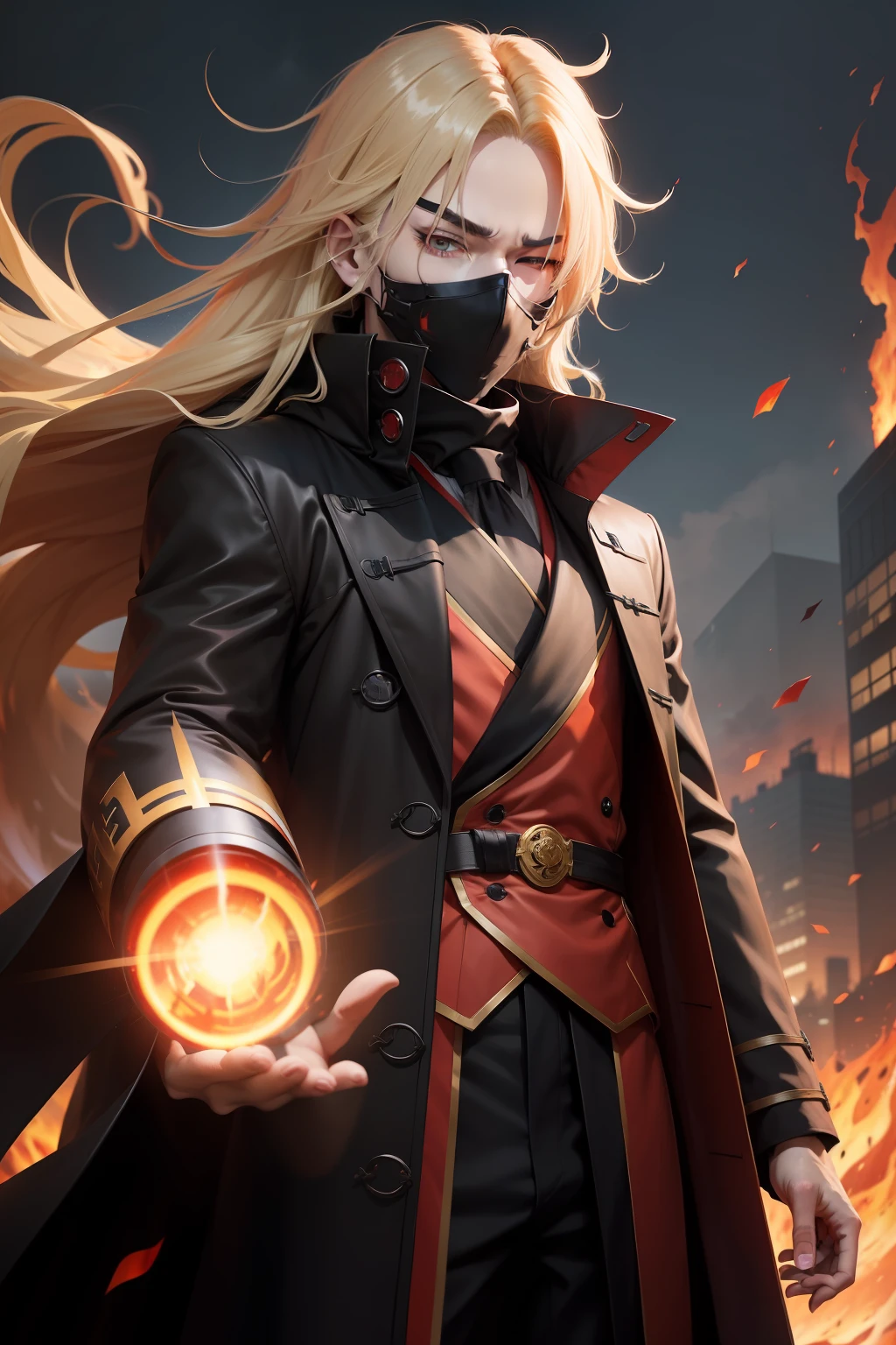 anime boy blonde long hair, black overcoat, red fire eyes, black mask, fire scenary, (((Vertical close and Eyes in Focus)))