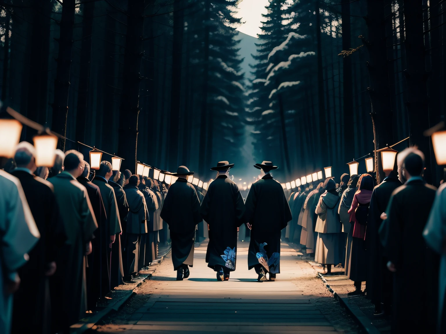Procession of people in black kimonos in the forest at night、Overall color：Blue-dark