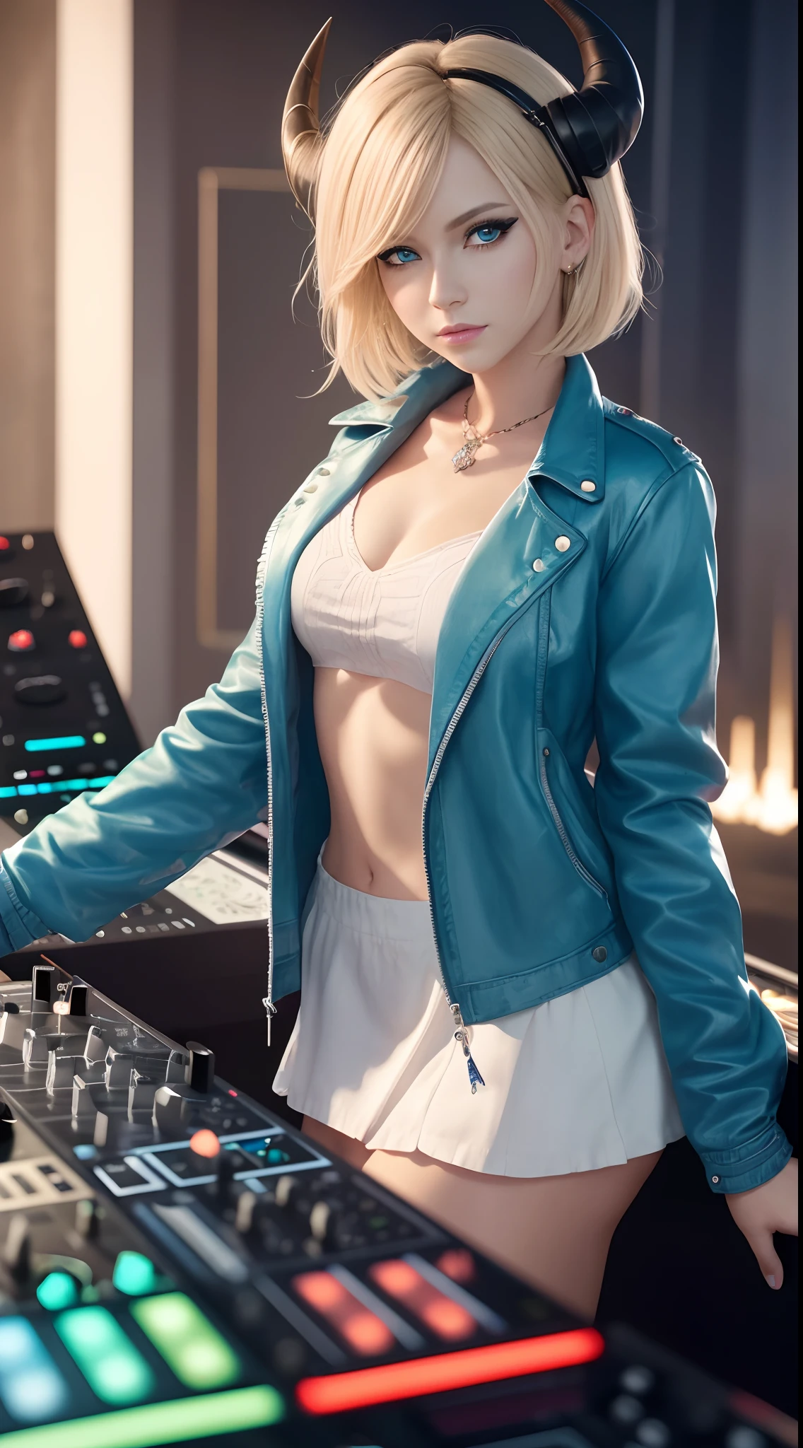 Best Photography，Authentic photography，Great handsome work，It is a real photo，clear picture quality，8K分辨率，8K HD CG production，Ultra-clear, high detal, Ultra-fine images，upscales, Clear and meticulous work，Detailed CG image quality:1.1，Ultra-high resolution large files，Advanced pixels，Advanced detailed details，Superb technical clarity detail：1.1，Authentic photography，Interior lighting effects，Natural dimming effect，Light effect（Simulate lighting effects：1.1）a mature female，A woman on a saucer，A female DJ，Goddess of electronic sound，Short-haired older sister，Short gold foil hair，Short gold foil hair，Ultra-fine hair，Clear strands of hair（Super hair details：1.5），There are crimson pupils，A pair of hooked eyes，Delicate eyelash makeup, Thin eyebrows, Super detailed eyes，lips in red，Sexy big red lips， rosycheeks, Delicate facial makeup , Pretty face, a face with perfect proportion,（Advanced facial details：1.1），Bigboobs，perfect proportion body，choker necklace，耳Nipple Ring，Bracelet，waist chains，Red headphones，Wear black leather shorts，Leather shorts，White sexy lingerie with black jacket，White suspender underwear，Pointed-toe heels，Small tattoo on the side of the navel，Tattooed with，Solo，Play on the nightclub stage，DJing on stage，Nightclub style，DJ plays，Electric DJ series，Black and white series，Gold foil series，Format the picture，Mature series，Authentic photography，album covers，真实感，Amazing