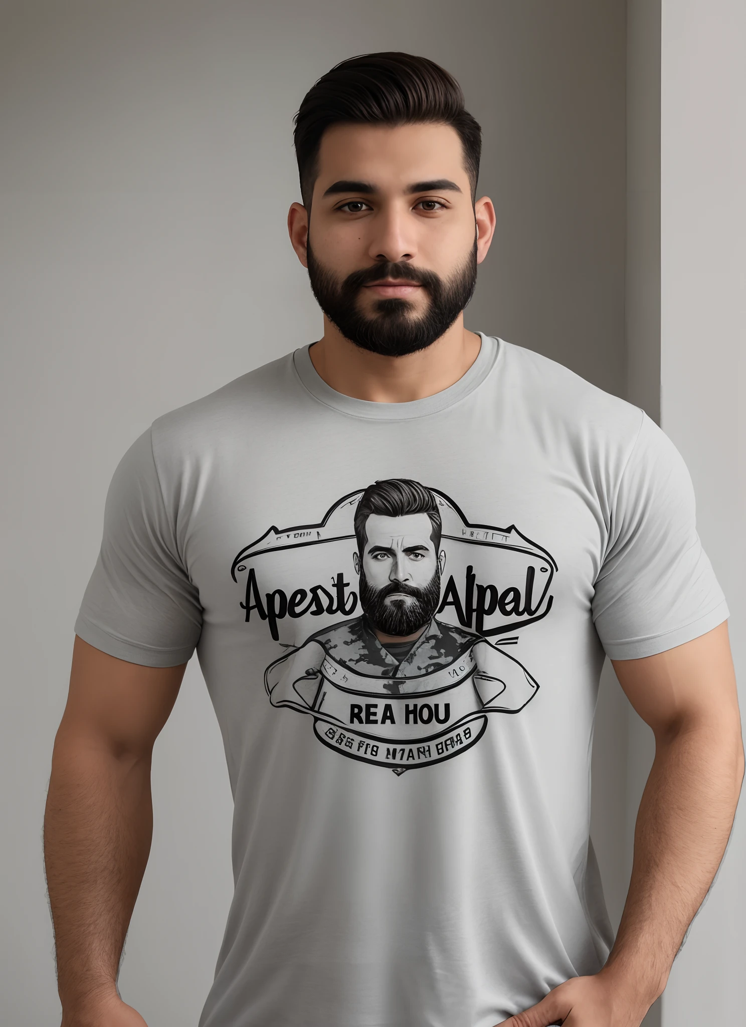 "Homem com barba realista e corte militar, vestindo uma camiseta de aspecto realista."