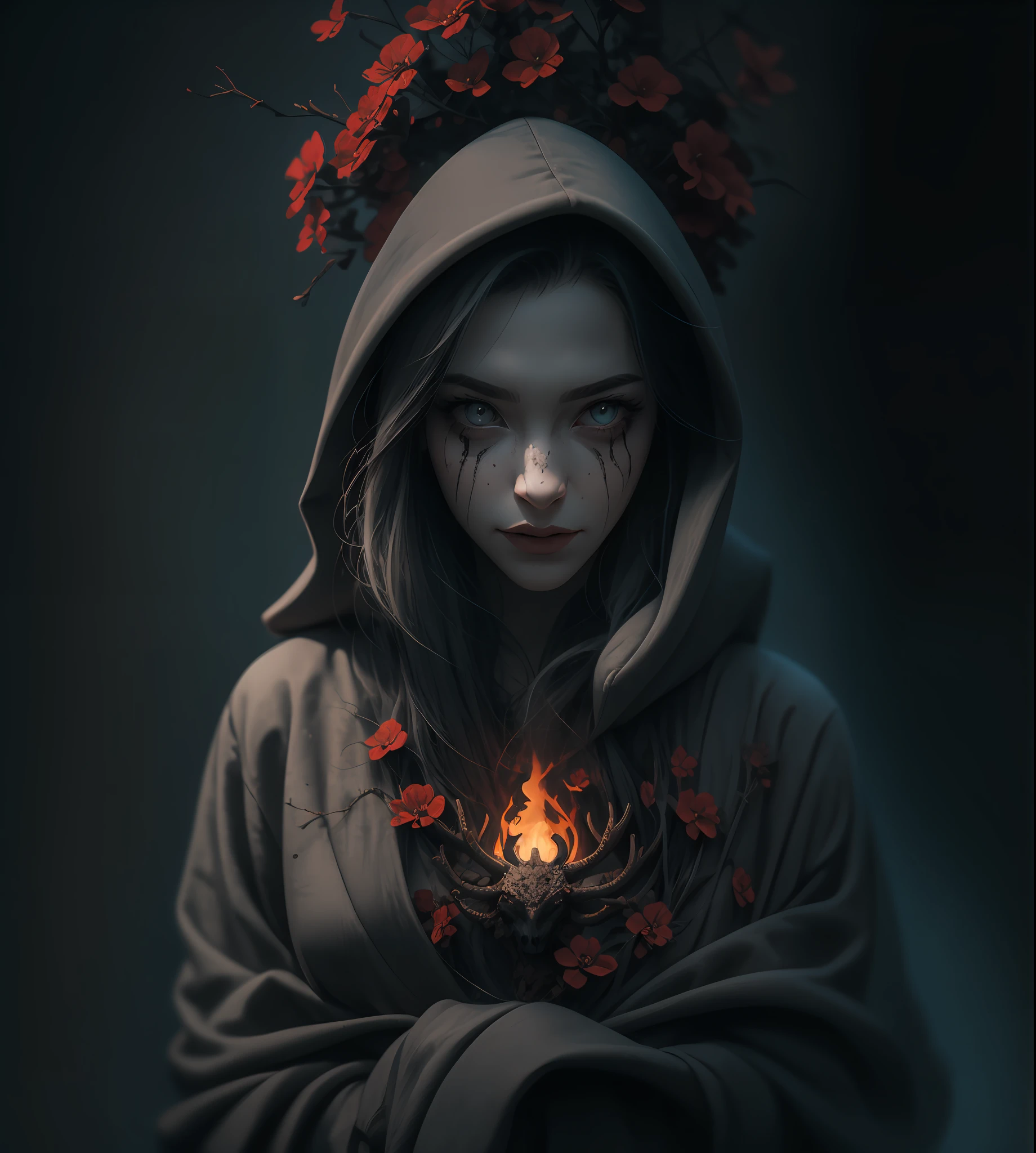 (Gray gloomy background, Dark Forest, Gray gloomy background, Dark Forest. Gloomy and hopeless, Dark dramatic lighting, vignette), Realistic eyes, beatiful face, A girl with a perfect body, Druid, with large deer antlers on the head, long straight hair, Flowers, entwined with branches, (She is dressed in a hooded robe), ((perfect anatomy)), Upper torso, glowing eyes, T-shirt design, A surge of dark magic, gotik, Burnt orange gradient, Magic, Nature, Magic Splash, 3D vector graphics, Fantasy art, watercolor effect, bokeh, Adobe Illustrator, hand-drawn, Digital Painting, soft-lighting, isometric style, retro aesthetics, 4k resolution, с Cinema 4D, natural lighting, Cinematic, Masterpiece, Highly detailed, Intricate, Extreme textures, Horror, terrific, Creepy, Scarimok a sense of sophistication and tranquility. Accentuate the low-poly style, To add a touch of uniqueness to the mustache. The overall aesthetic should be sleek and stylish, which makes it suitable for branding and logo.