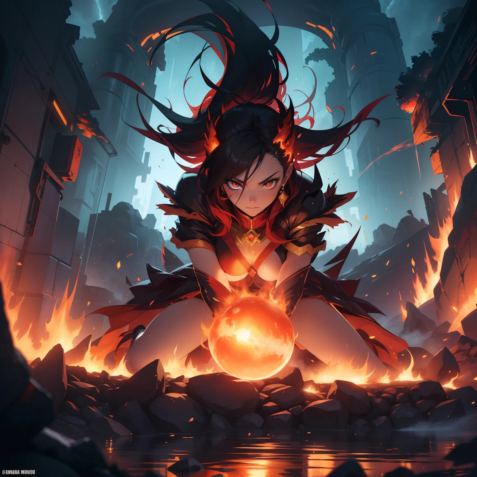 masterpiece, best quality, photorealistic, close-up shot, front view, anime girl sitting on a rock with a glowing ball in her hands, artgerm and atey ghailan, flames surround her, 2. 5 d cgi anime fantasy artwork, in the art style of mohrbacher, the sorceress casting a fireball, artgerm and rossdraws, wreathed in flame, rossdraws global illumination, fire spell