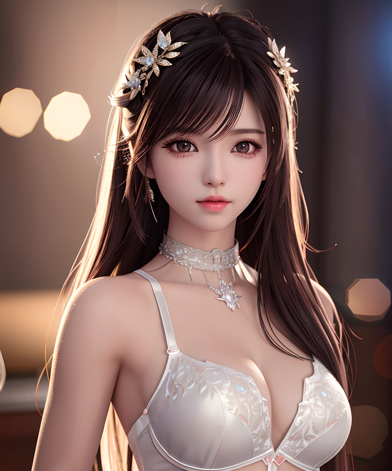 Asian woman posing for photo in bra and necklace, 8K Artgerm bokeh, trending on cgstation, photorealistic anime girl rendering, 3 D rendering character art 8 K, Smooth anime CG art, Soft portrait shot 8 K, 3 d anime realistic, 8K high quality detailed art, Realistic anime 3 D style