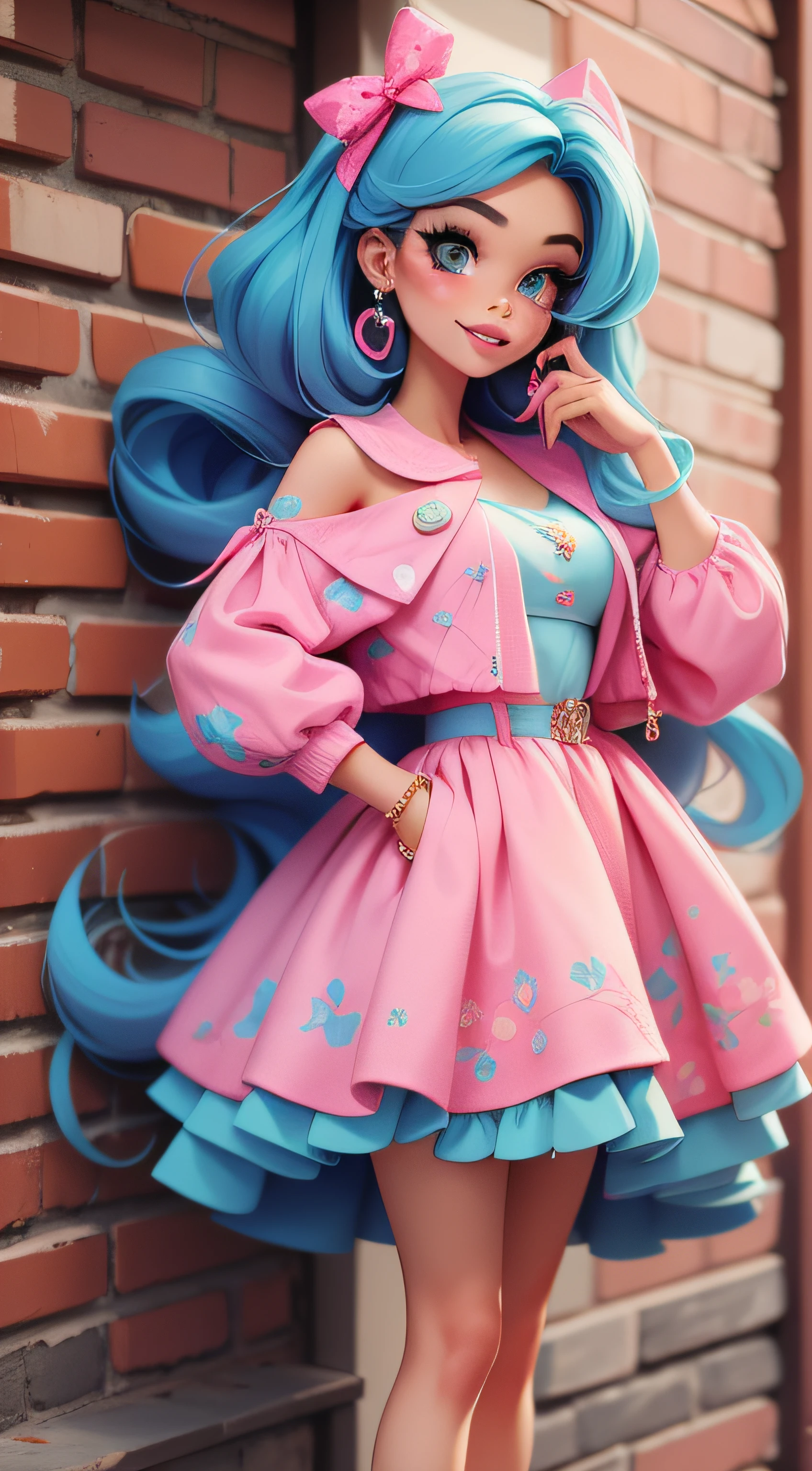 Menina loira fofa, Estilo barbie adolecente, vestido rosa com azul claro, cabelo comprido, olhos arredondados, sorriso, feliz