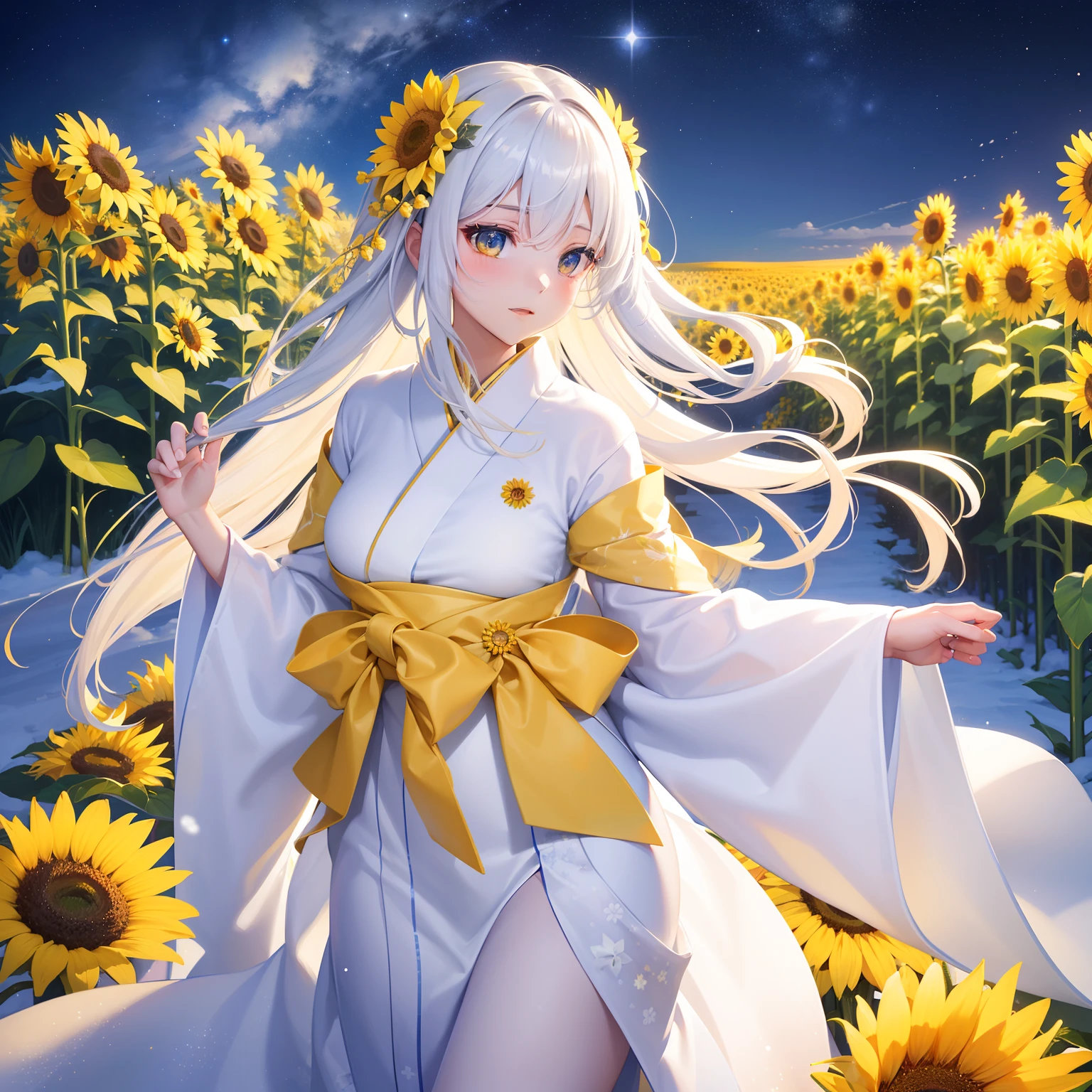 Under a beautiful starry sky、A girl standing in a snow-covered sunflower field。Her white and yellow colorful hair is、Dancing gracefully in the cold air。Her kimono is yellow and white.、The beauty is the sunflower itself.。The surrounding snow and sunflowers、It is the most aesthetic way to color the fantastic winter night。
