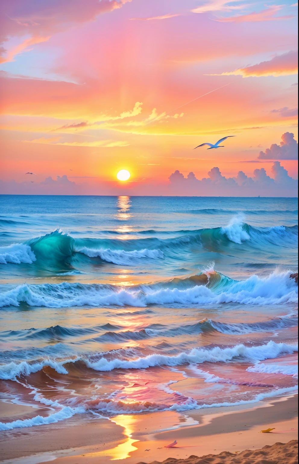 An absolutely mesmerizing sunset on the beach, with a mix of orange, pink, and yellow in the sky. The water is crystal clear, gently kisses the coast, and the white sand is endless. The scene is dynamic and breathtaking, with seagulls soaring high in the sky and palm trees swaying softly. Immerse yourself in the calm atmosphere and let the serenity surround you.