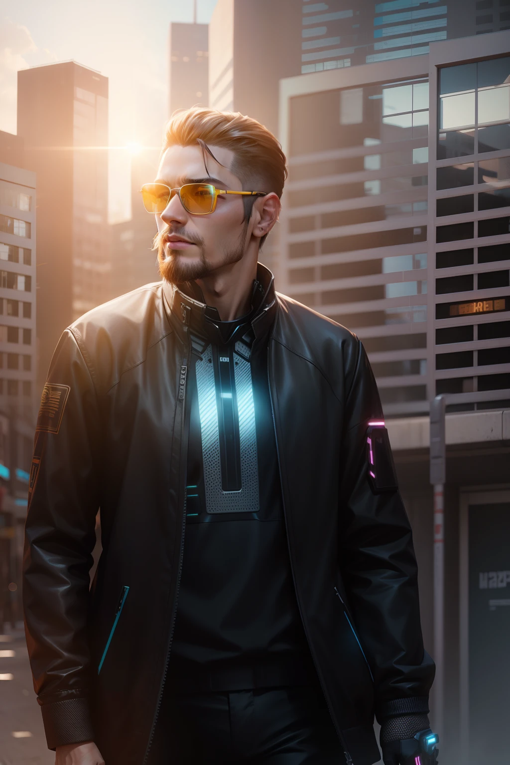 Cyber punk realistic face,smart hair,sunkiss background