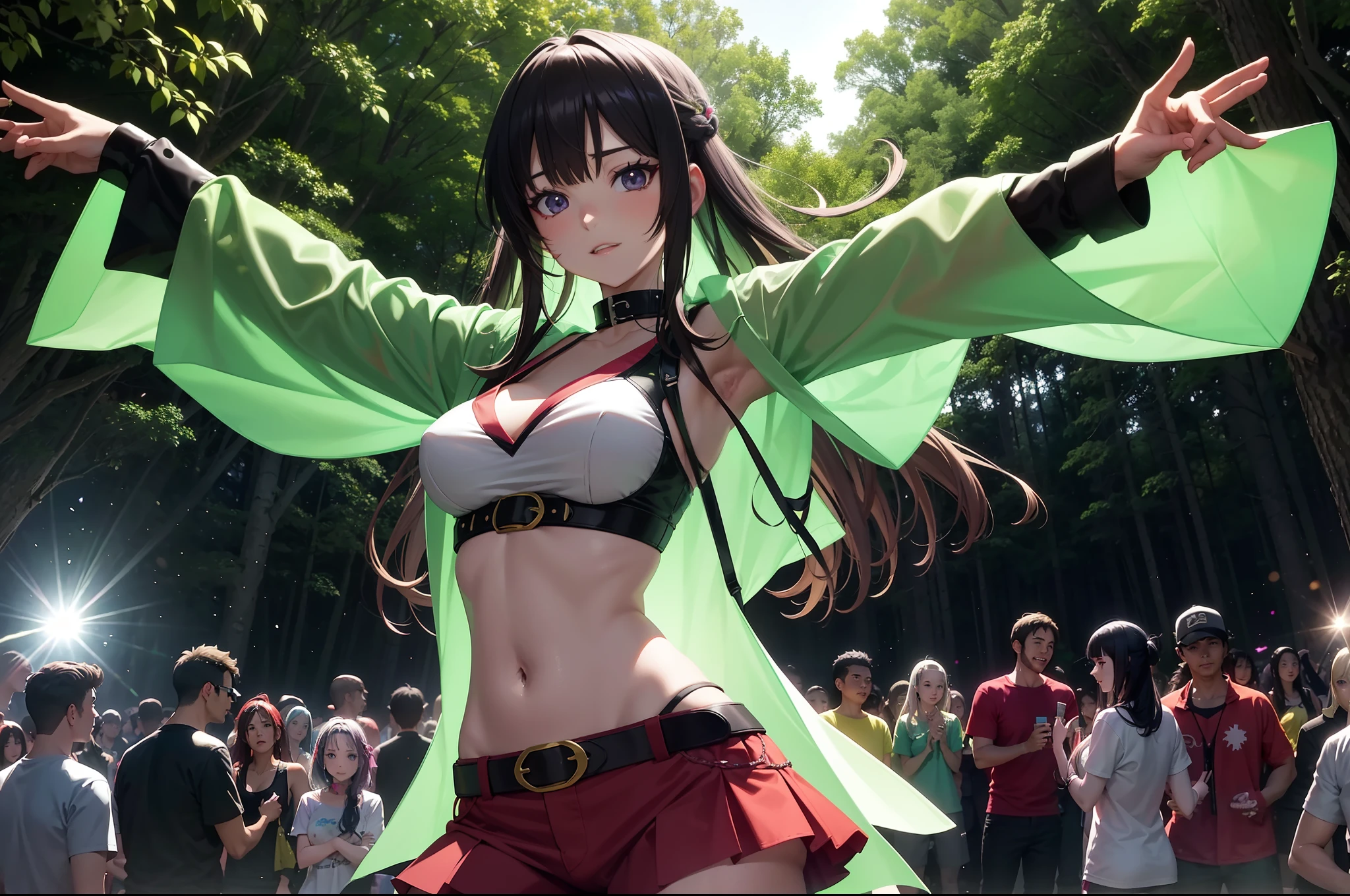 anime style. In the middle of a large forest in North America a rave is held. It is summer, it is hot, it is night and there are bonfires that give good light to the image. A woman of great beauty with an alternative and pseudo-hippie look is dancing with her arms open in a state of euphoria and trance. (Best quality) (master piece)
