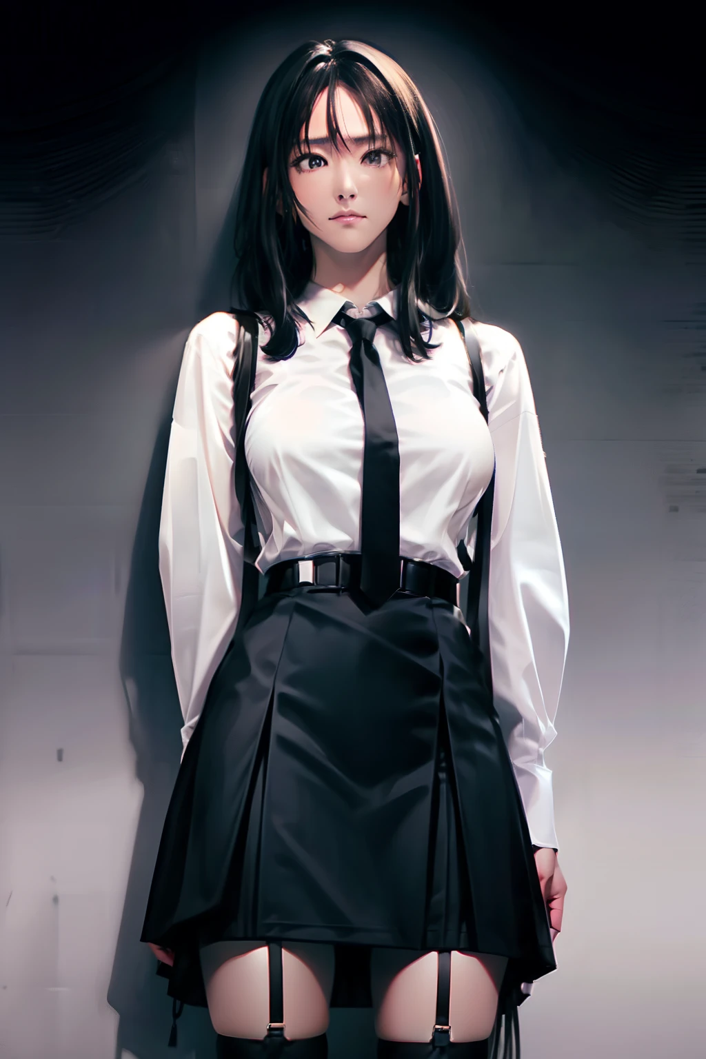 a belt suspenders officeworker a miniskirt Black garter Black stockings neck tie White Cutter Shirt Black stockings Brown hair Gray eyes black suits holster bobby Cuffed