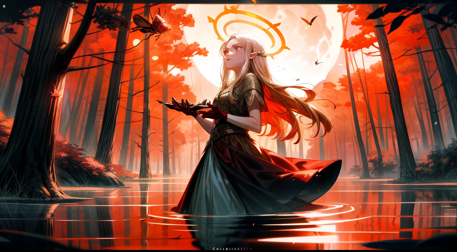 high detail, illustration, poster, movie poster, galadriel from lord of the rings in a white shiny semitransparent lace dress, half submerged in a pond, all kinds of insects surrounding her, she sings with her eyes closed, the forest of middle earth is around her, she lingers on the side, her presence emits an aura of a glowing halo, it is night and the sky is barely seen because of the tree tops hiding it, however a few lightbeams get through the leaves, it is the light of the moon, but it is a blood moon, so everything glows in red and orange and fireflies contribute to the lighting spectacle