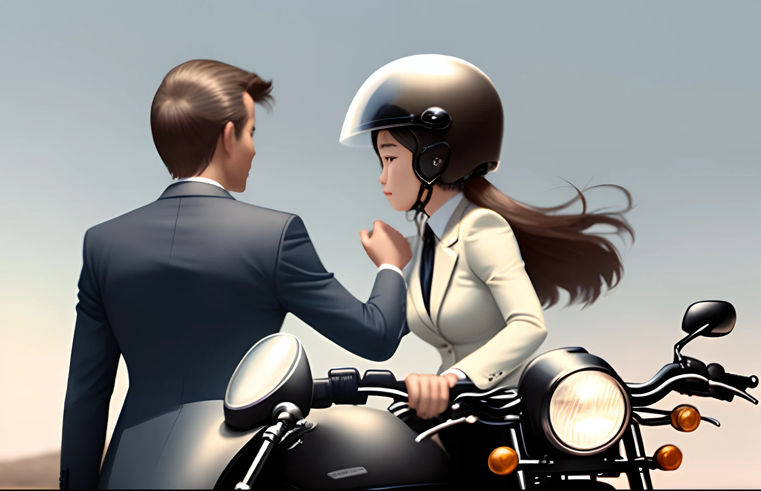 Girl on a motorcycle、Talking to a man in a suit