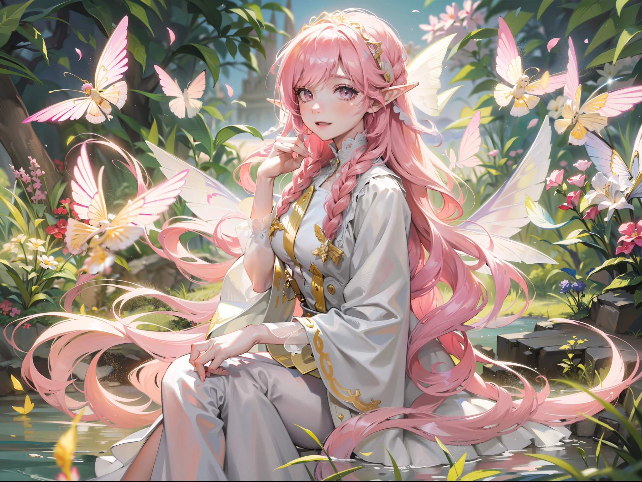 A beautiful pink-haired girl,Extremely long hair,Tie-double twisted braids,The hair color is white and pink,He wears a golden hairpin,Wear florets on each side,wears a white dress,The lower body is wearing white stockings,without wearing shoes,With a bright and healing smile,Sit in a radiant wonderland of mountains and rivers,The sky is shining,the elf,It has transparent wings,faeries,Persona diagram,Best quality at best,tmasterpiece