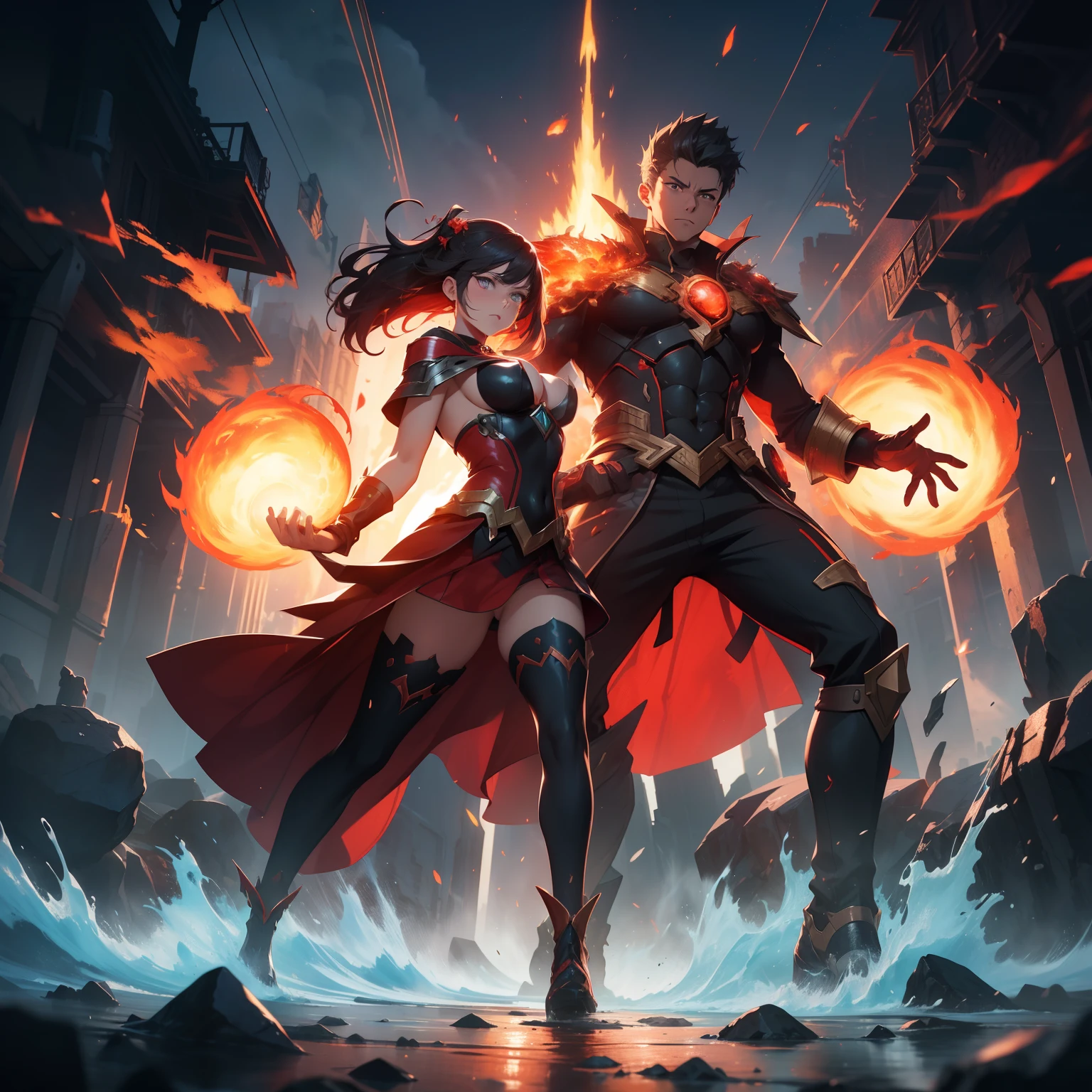 (masterpiece, 8k, best quality), photorealistic, cinematic, dynamic background, anime girls, (((wide shot, full body view))), (head to toe visibility), fighting face to face, perfect anatomy, curvaceous body, alluring, perfect eyes, perfect hands, perfect eyes, detailed eyes, large , round ass, loround legs, in a realm where fire and water converge, two mighty elemental mages engage in a cataclysmic battle, the Fire Mage, wreathed in flames, hurls blazing orbs of inferno with explosive force, the Water Mage, surrounded by swirling aquatic currents, counters with ice-cold spheres that sizzle and steam upon impact, as their magical projectiles collide, the clash births a chaotic dance of steam and hissing embers, shaping the destiny of their elemental battleground, extremely detailed Artgem, IG model, alena aenami and artgem, krenz cushart and artgem, artgem and atey ghailan