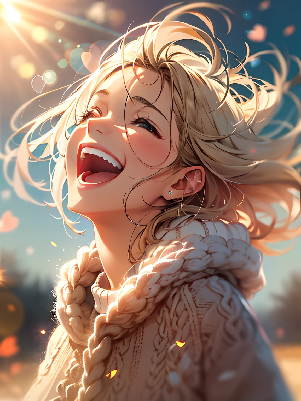 a girl, cosy sweater on, upper body, (huge Laughing:1.1), (open mouth:1.1), (wide open eyes:1.2), sun glare, bokeh, depth of field, blurry background, light particles, strong wind, (heart particles:1.1)
