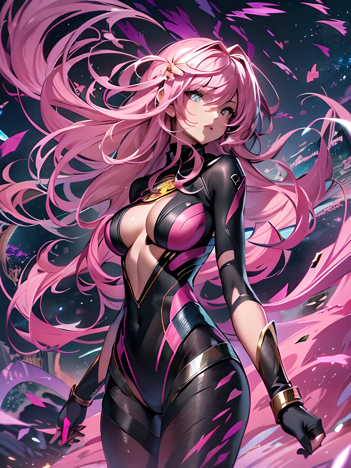 (((Masterpiece))), absurdres, illustation, ultra detailed, (1girl:1.3), golden ratio, panorama, full body, super dynamic image, super beautiful and vibrant colors, girl with a battle look, super beautiful girl with super beautiful hair and super beautiful shiny eyes with beautiful patterns, perfect body, very delicate and sexy body, space between legs, wearing a super tight torn black body suit, and pink gloves and pink boots over the black body suit, sorrounded by beautiful rings of powers generated by her with her hair going up because of the wind generated by her powers and the ground getting destroyed with pieces of the same ground flying around, super detailed scenery