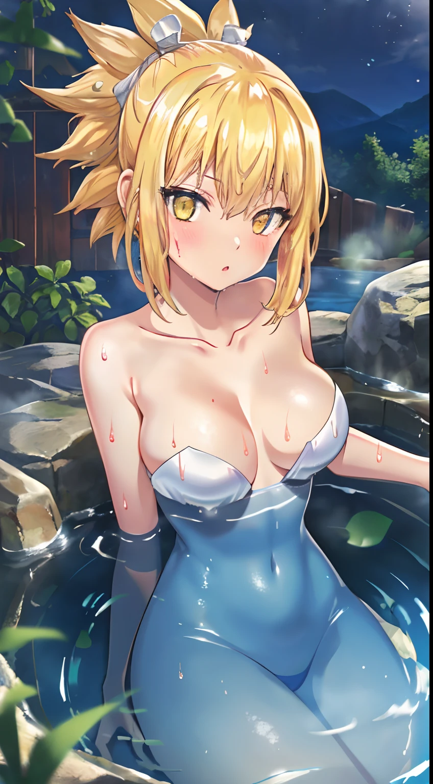 Model Shooting Style, (Masterpiece:1.3), (Absurdity:1.3), (Best Quality:1.3), (8K), (Masterpiece Digital Art), (Detailed Manga Illustration), (Handle Hair), Perfect Anatomy, (Complex Detail:1.3), (Detailed Detail:1.3), (Illustration:1.3), (Sharp Focus:1.3), (Vivid Color:1.3), 1 Girl, NSFW, Solo, ponytail, (red hair), yellow eyes, floating hair, nature, hot spring, bedrock open-air bath, night, bathing, steaming, naked, wrapped in a towel, wet, white skin, blushing cheeks, clear white skin, shining eyes, medium breast, shiny hair,