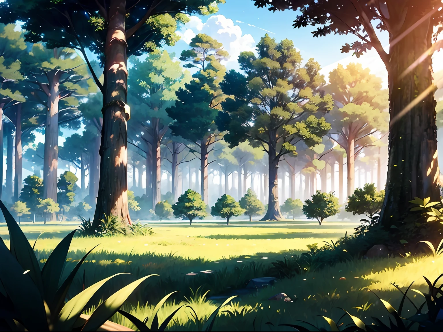 Gentle, Anime Background Art, Clean lines, Intricate details, Serene, empty, High quality, Ray Tracing Video Games, Overgrown, grassy fields, Neutral plants, pine trees, Vibrant, The tree々is densely packed, Leaves in the ground, Pretty, landscape wallpaper, Untouched nature, Dense green,