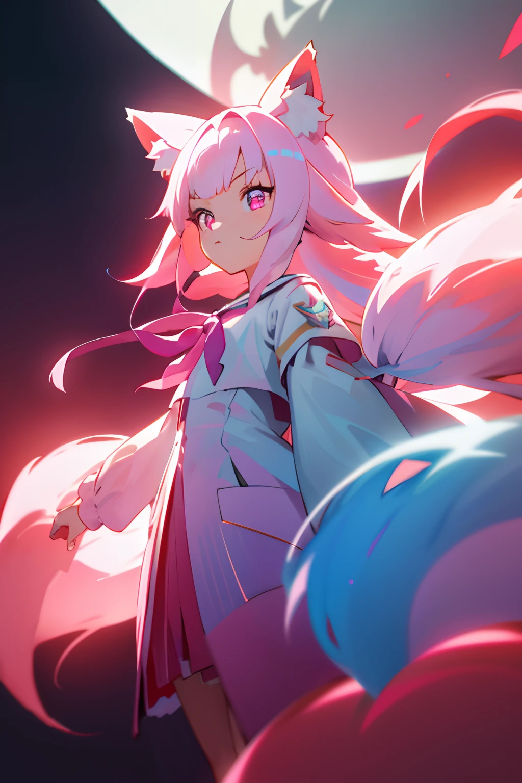 High frame rate,Masterpiece,Best quality,offcial art,Extremely detailed Cg Unity 8K wallpaper, 1girl solo, cute female child, Pink Long Hair,fox ear,fox tails,Blue pupil,The pupils glow,Pink and white sailor suits,Surrounded by light,Look directly at the screen,serious-expression