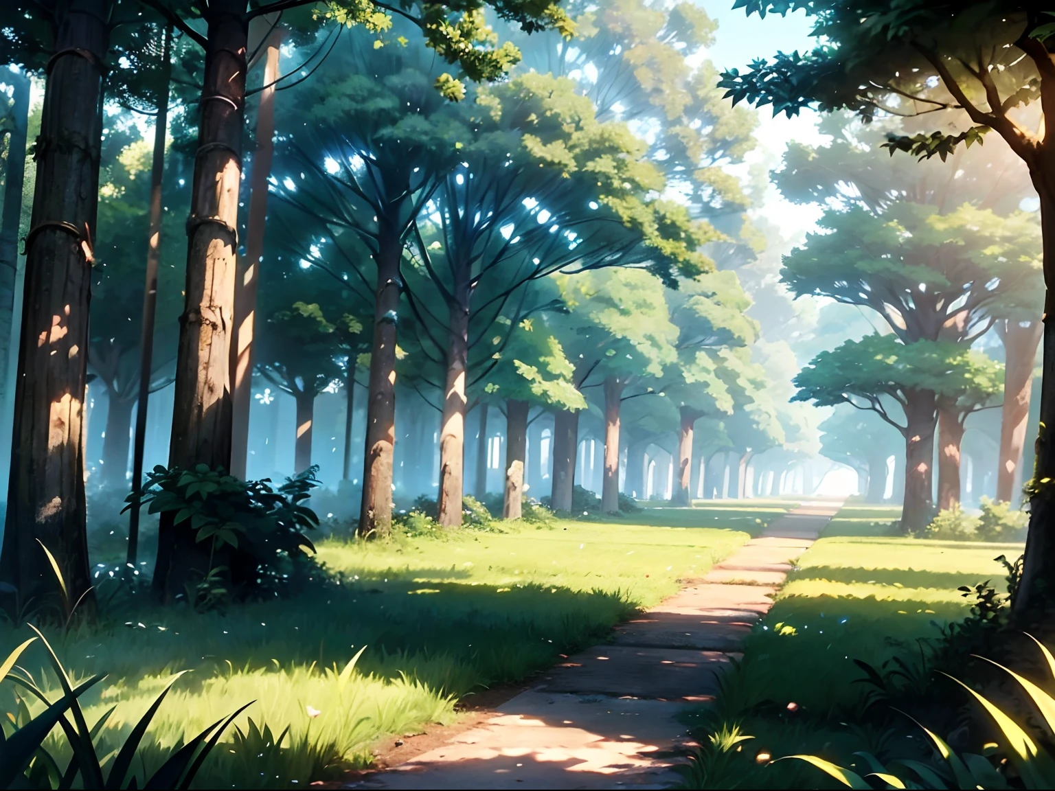 Gentle, Anime Background Art, Clean lines, Intricate details, Serene, empty, High quality, Ray Tracing Video Games, Overgrown, grassy fields, Neutral plants, pine trees, Vibrant, The tree々is densely packed, Leaves in the ground, Pretty, landscape wallpaper, Untouched nature, Dense green,