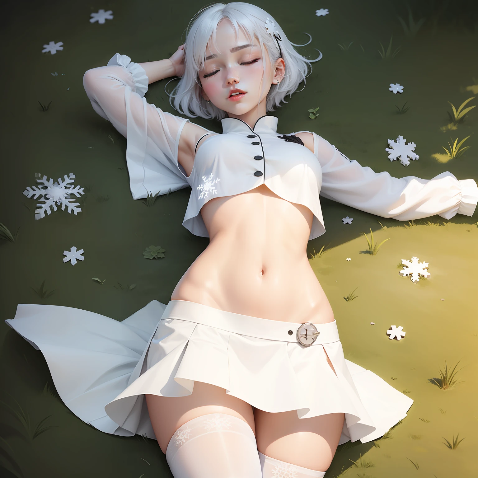 2D Beautiful Girl,Open belly button,white stockings,Superskirt,White color hair,short detailed hair,Close your eyes,There is a snowflake pattern on the clothes,lying on the grass ground,Loss of consciousness。