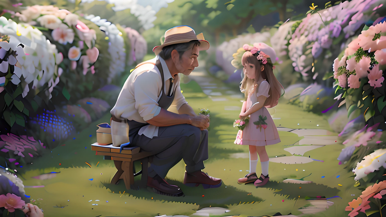 Anime picture of a middle-aged gardener talking to a cute in a village garden, large garden with very beautiful flowers of various kinds around them, numerous flowers, large garden crowded with flowers, no buildings just flowers, many many flowers, various flowers of varying colours and sizes